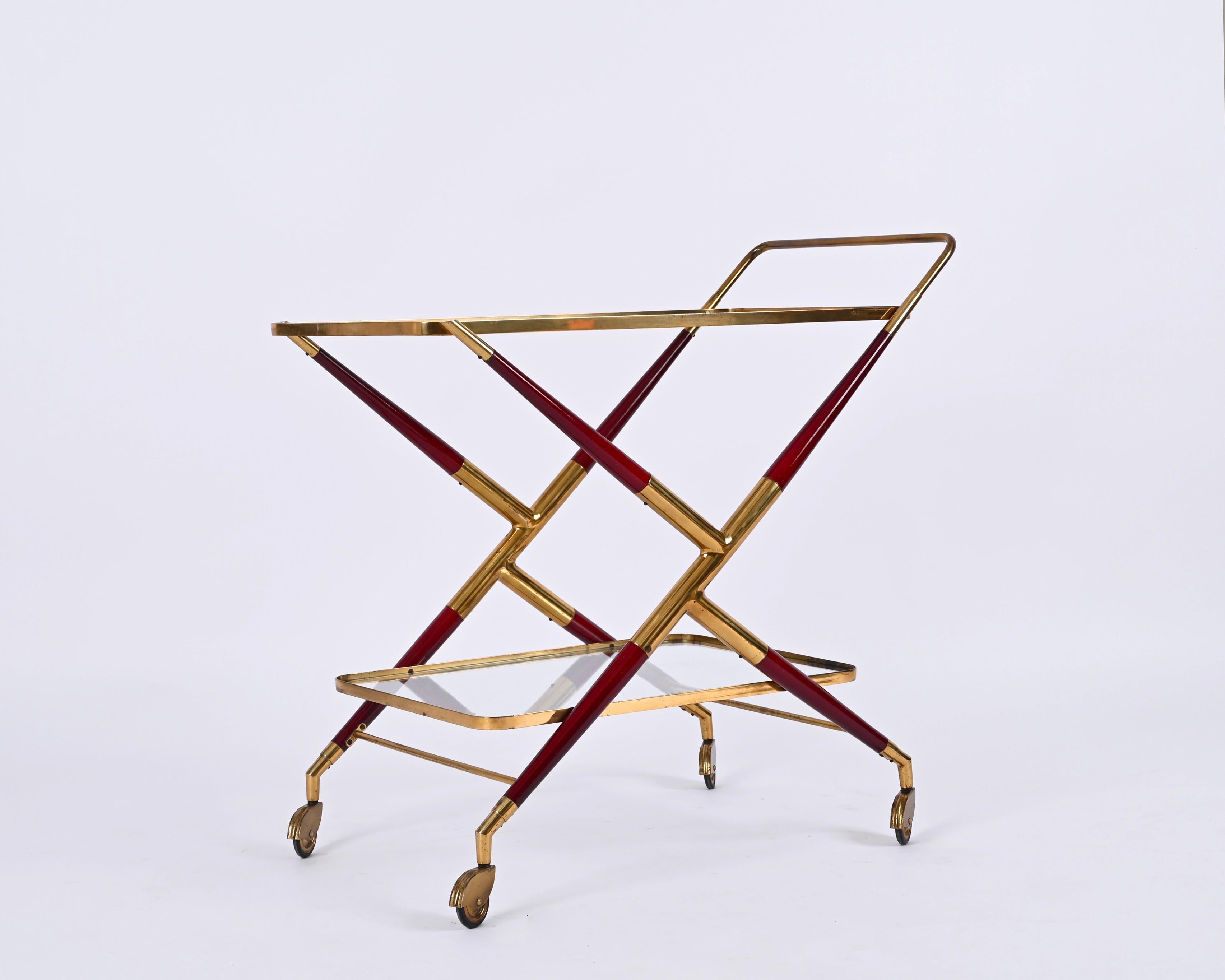 Mid-Century Modern Midcentury Italian Bar Cart by Cesare Lacca Brass and Red Wood Serving Trolley