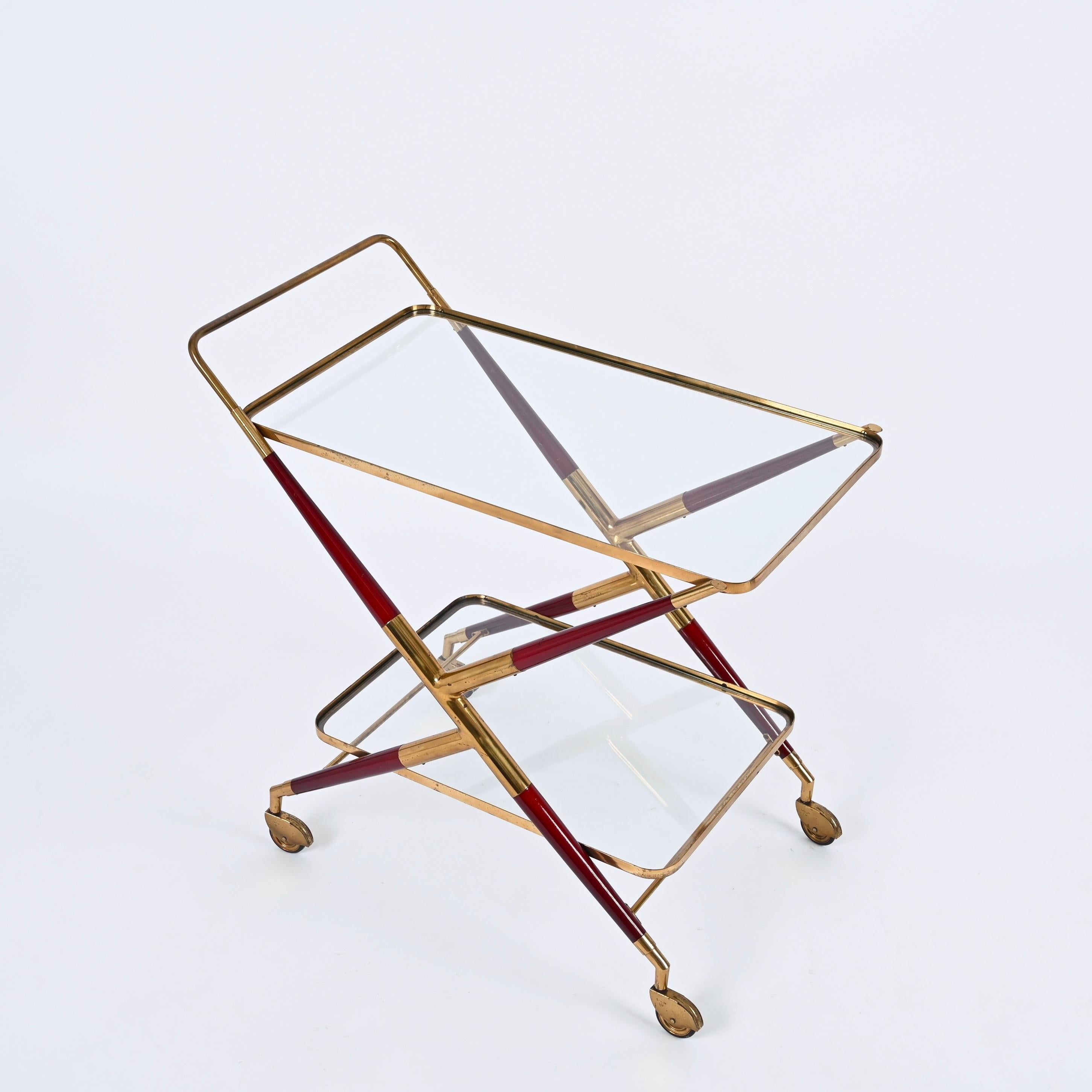 Lacquered Midcentury Italian Bar Cart by Cesare Lacca Brass and Red Wood Serving Trolley