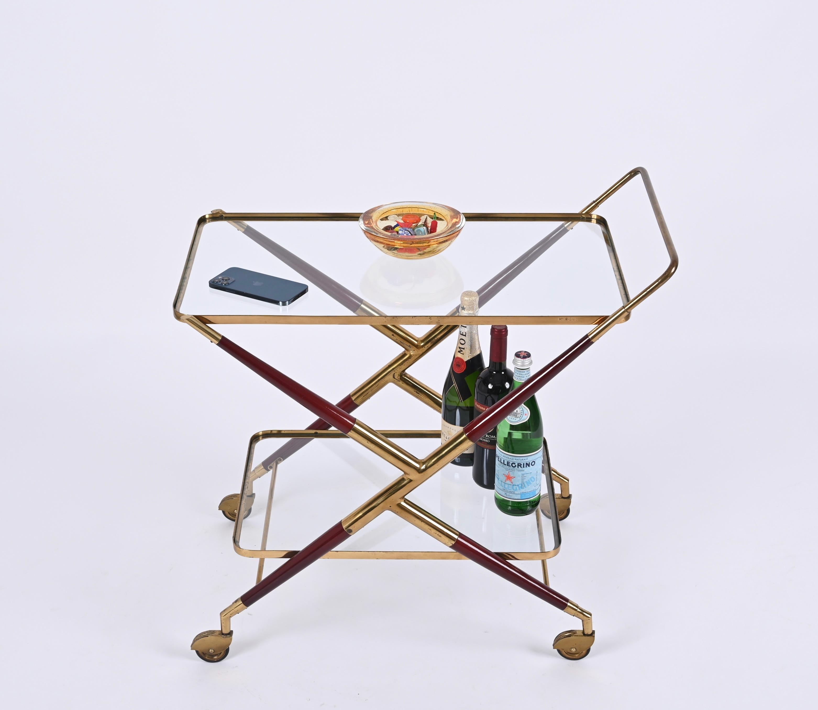 Midcentury Italian Bar Cart by Cesare Lacca Brass and Red Wood Serving Trolley In Good Condition In Roma, IT