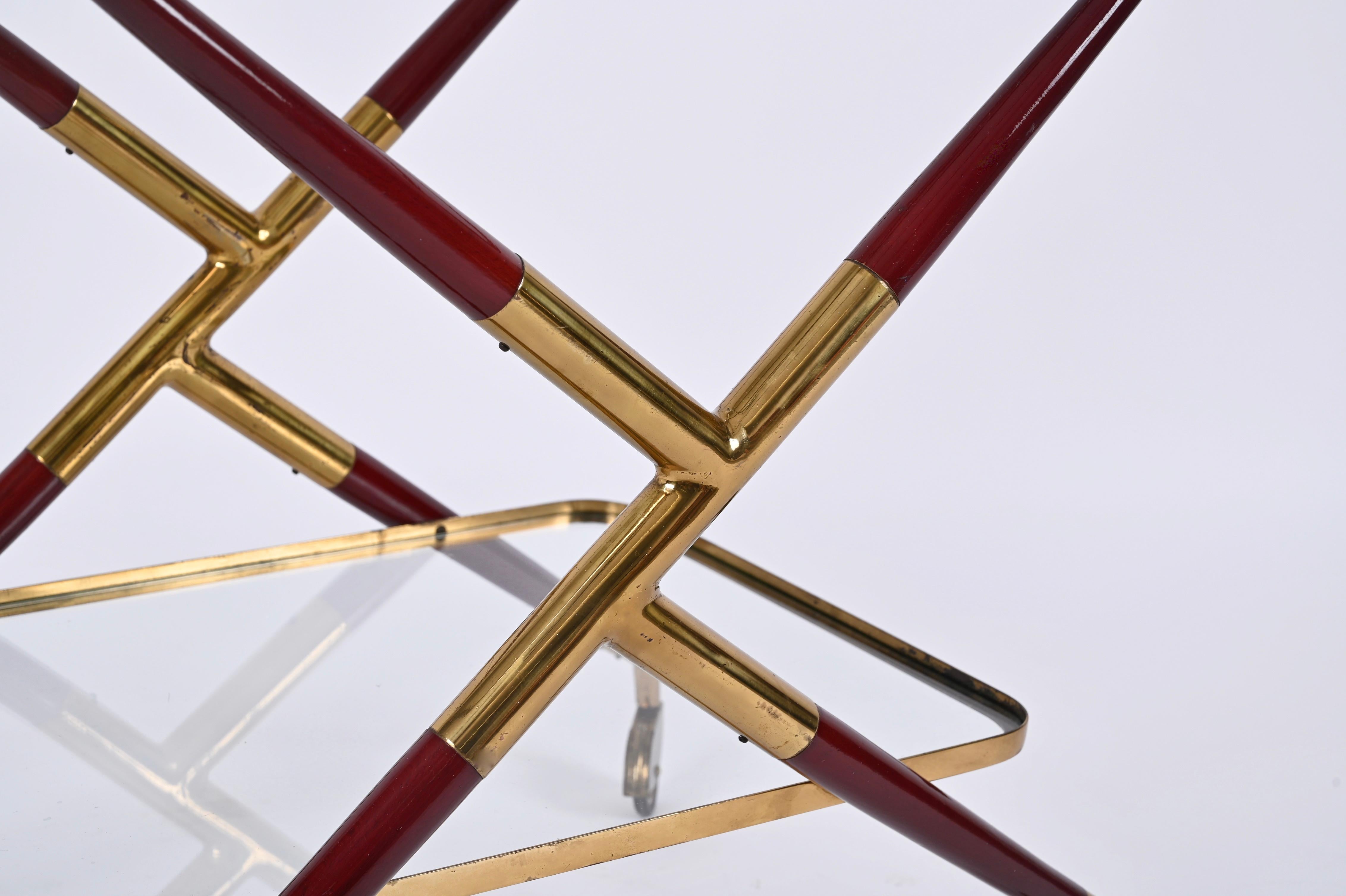 Mid-20th Century Midcentury Italian Bar Cart by Cesare Lacca Brass and Red Wood Serving Trolley