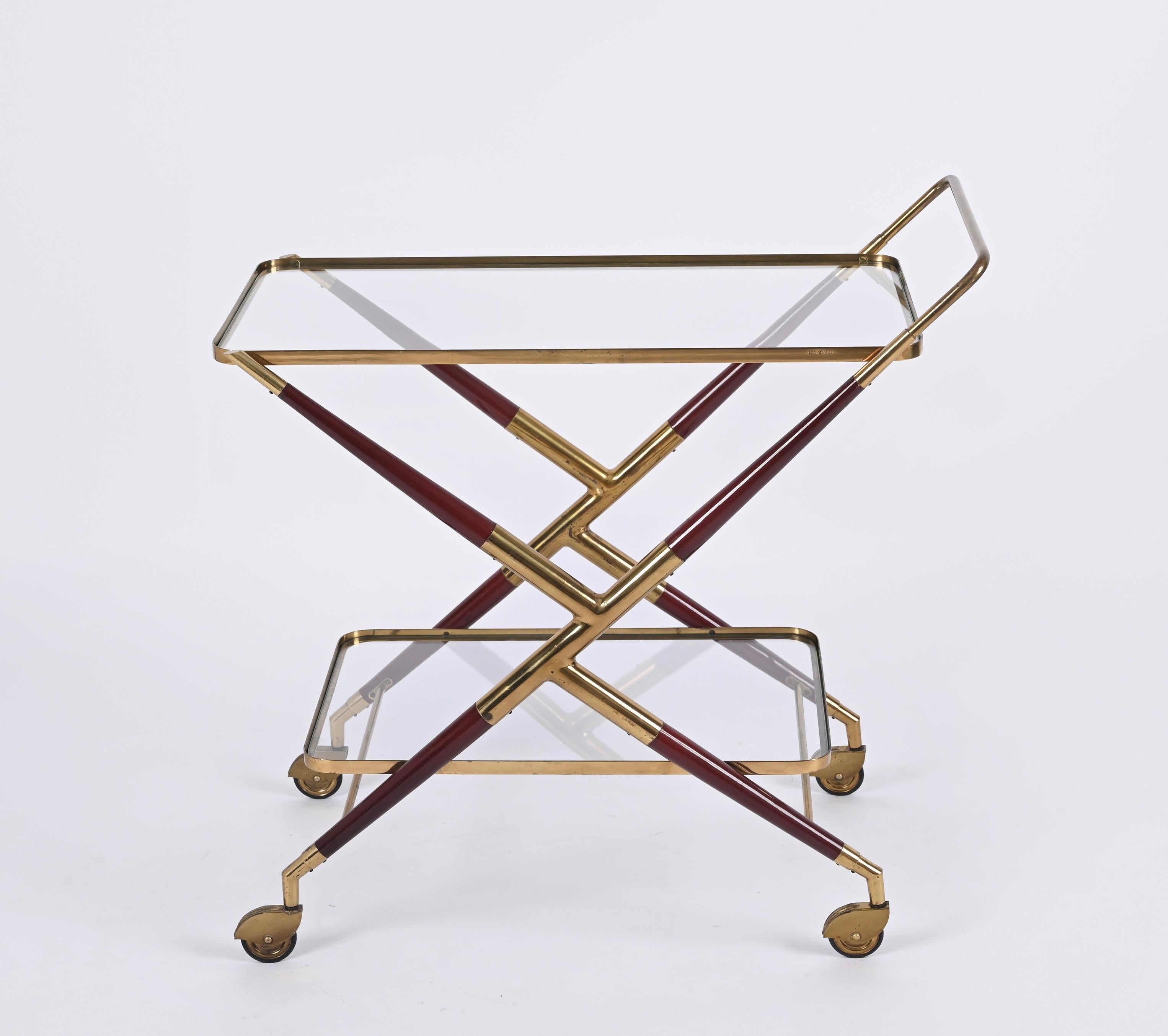 Midcentury Italian Bar Cart by Cesare Lacca Brass and Red Wood Serving Trolley 2