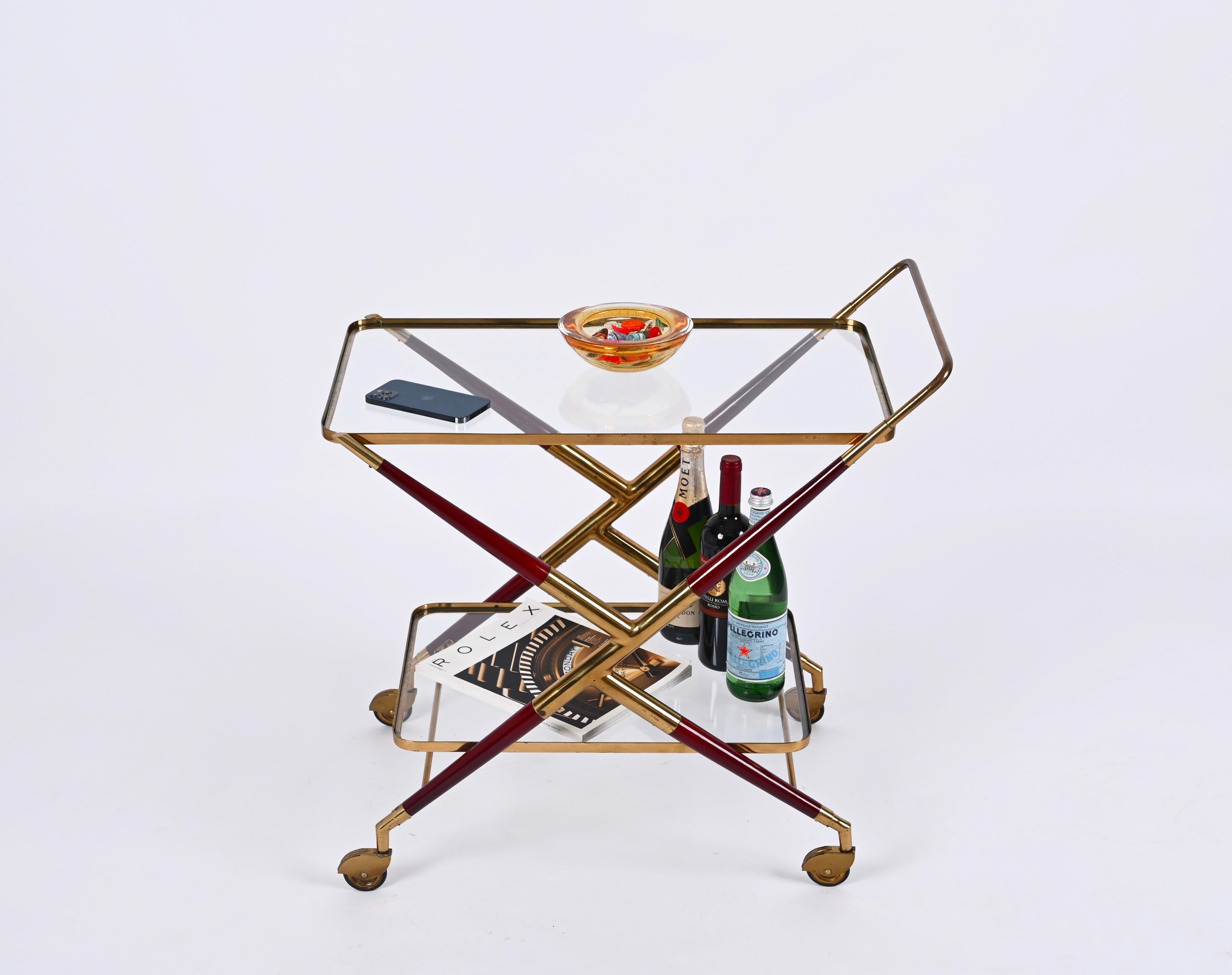 Midcentury Italian Bar Cart by Cesare Lacca Brass and Red Wood Serving Trolley 3
