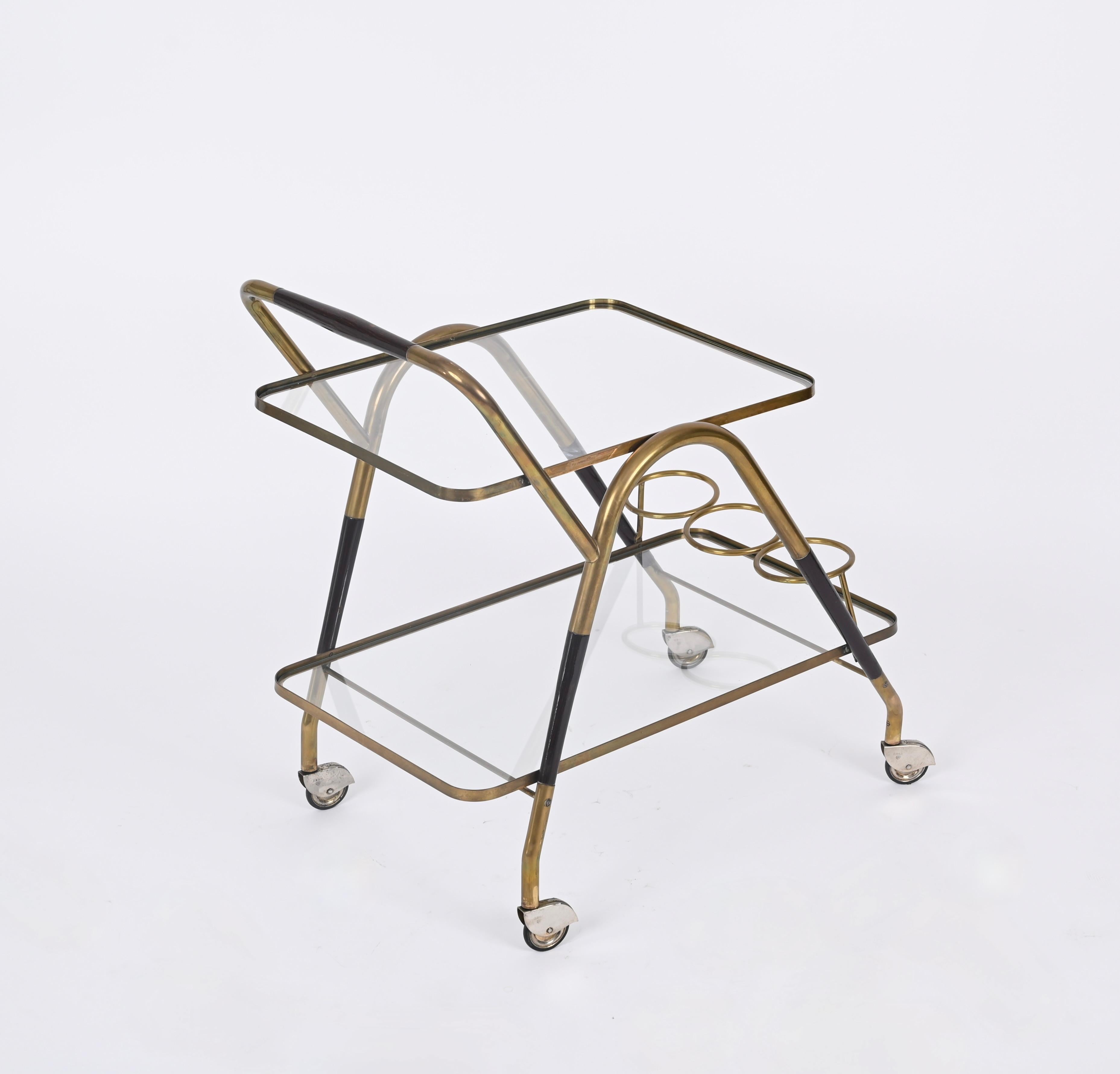 Midcentury Italian Bar Cart by Cesare Lacca Brass and Wood Serving Trolley, 1950 For Sale 3