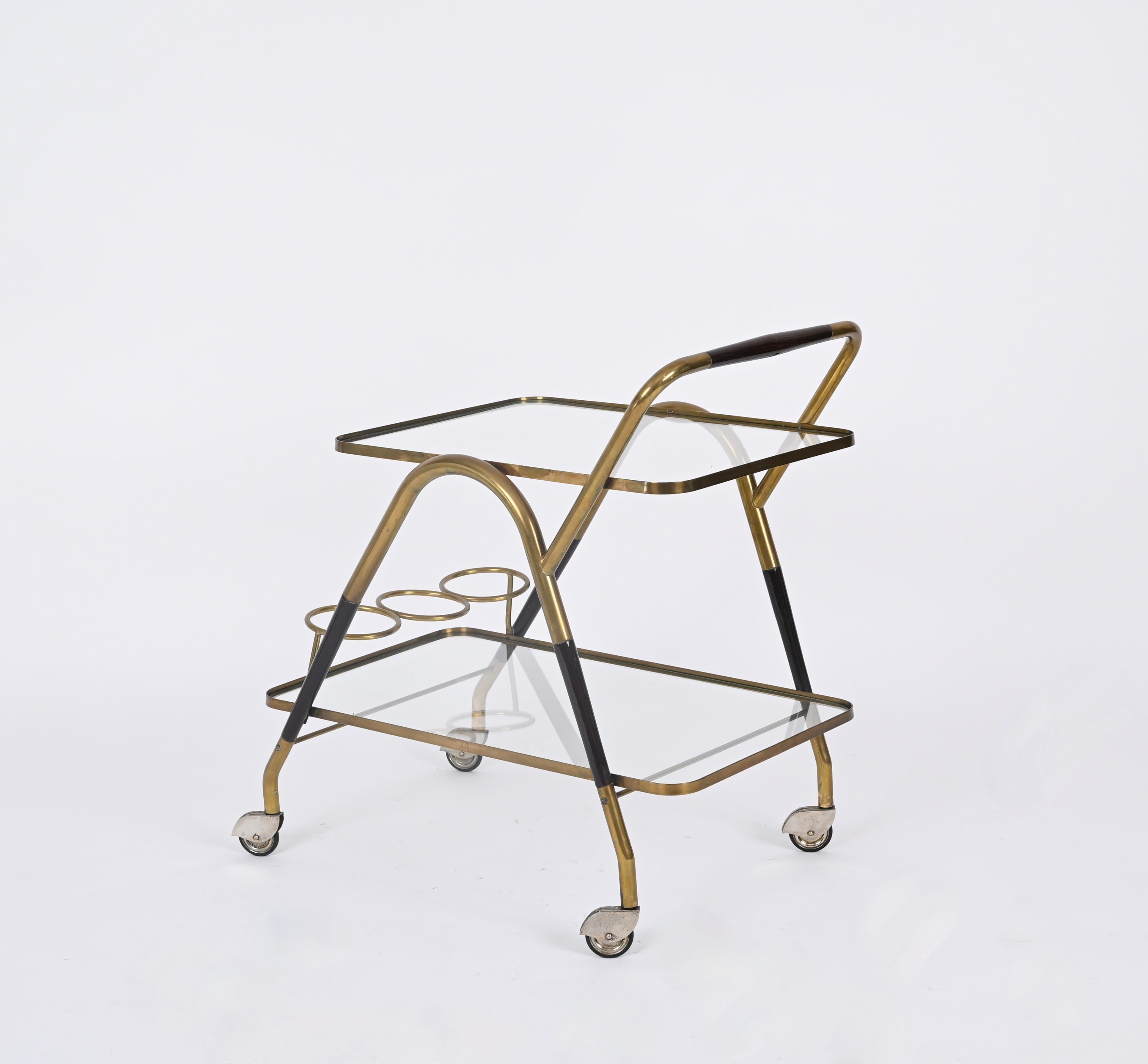 Midcentury Italian Bar Cart by Cesare Lacca Brass and Wood Serving Trolley, 1950 For Sale 4