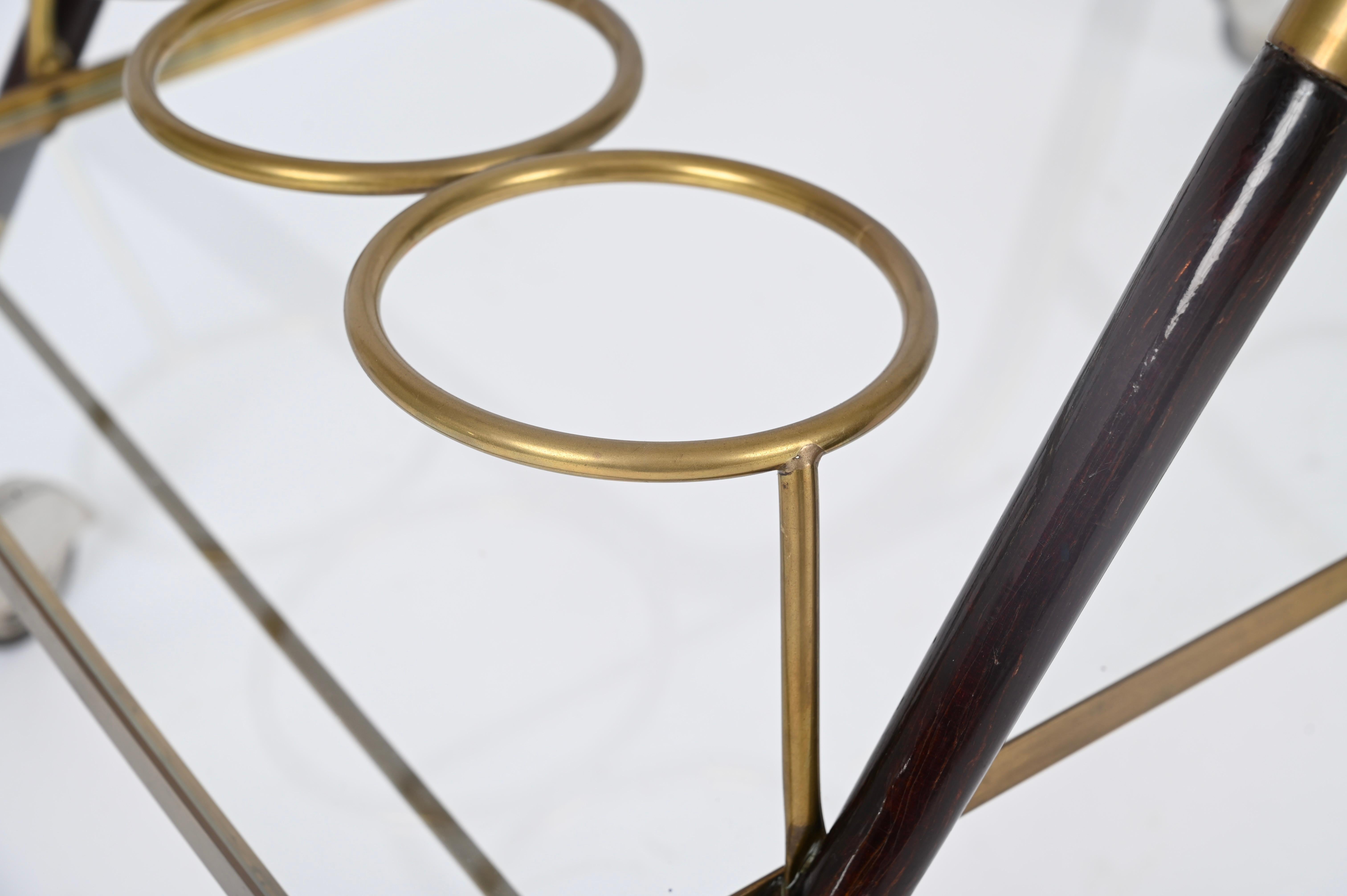 Midcentury Italian Bar Cart by Cesare Lacca Brass and Wood Serving Trolley, 1950 For Sale 5
