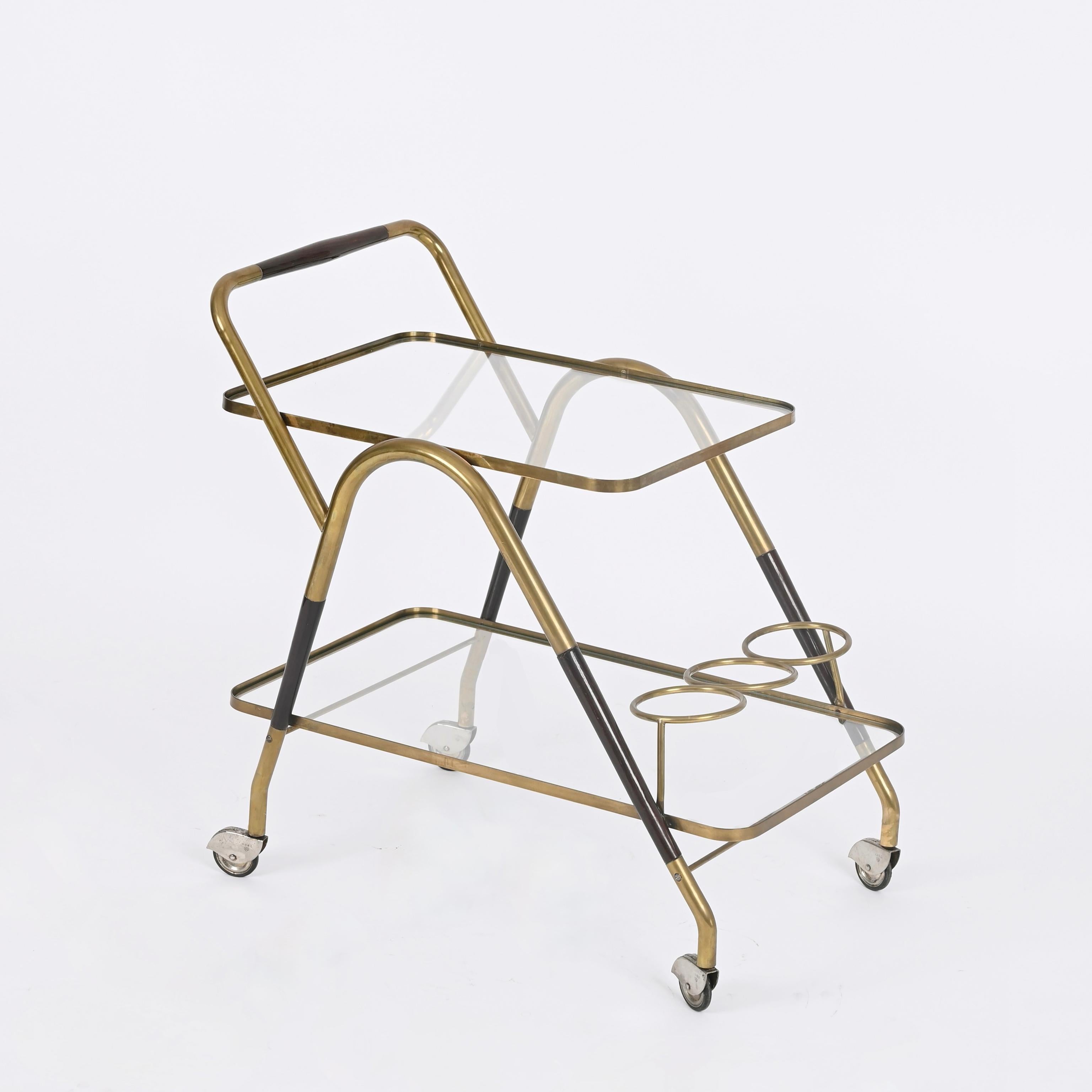 Midcentury Italian Bar Cart by Cesare Lacca Brass and Wood Serving Trolley, 1950 For Sale 6