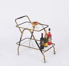 Midcentury Italian Bar Cart by Cesare Lacca Brass and Wood Serving Trolley, 1950