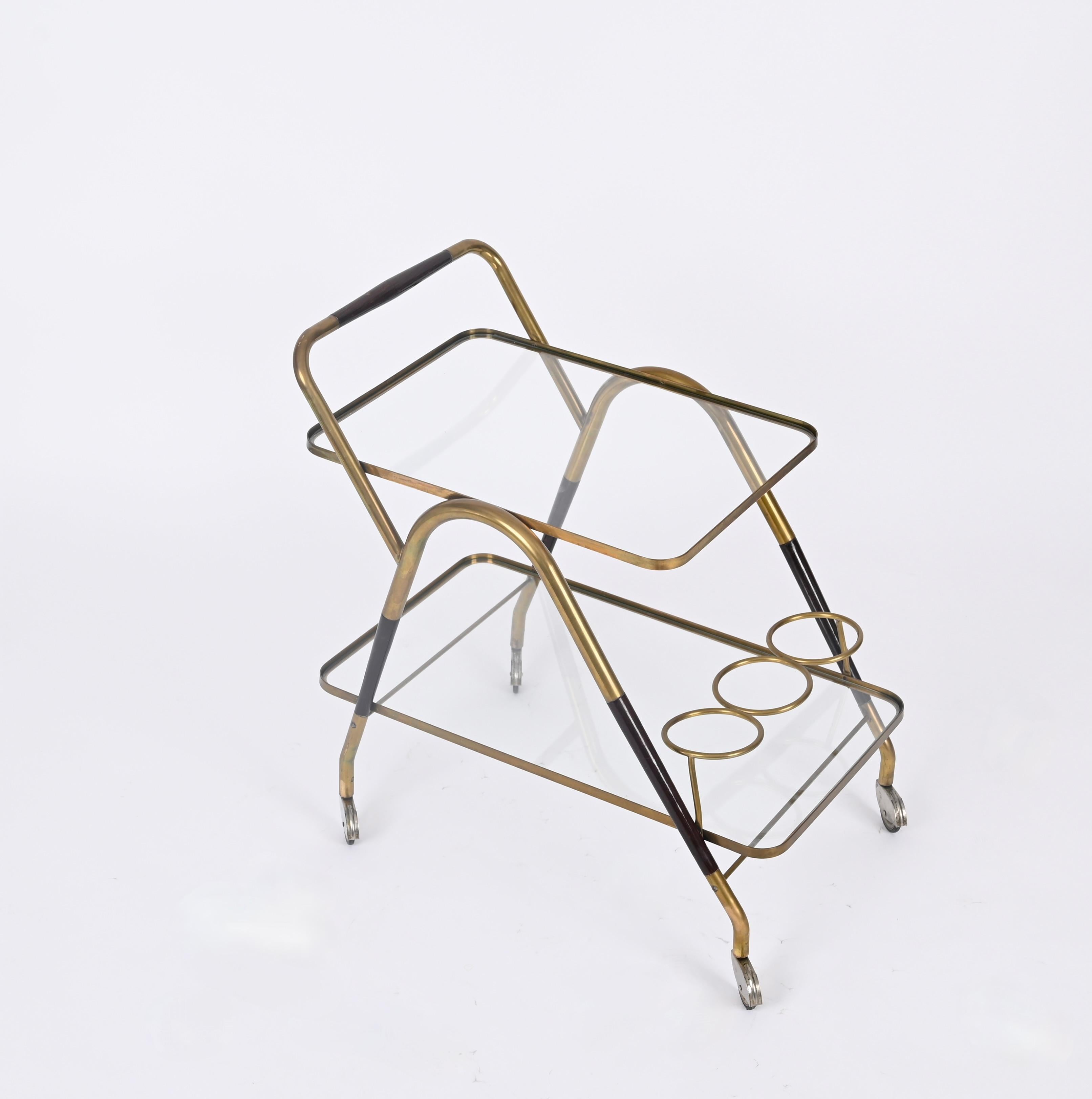 Mid-Century Modern Midcentury Italian Bar Cart by Cesare Lacca Brass and Wood Serving Trolley, 1950 For Sale