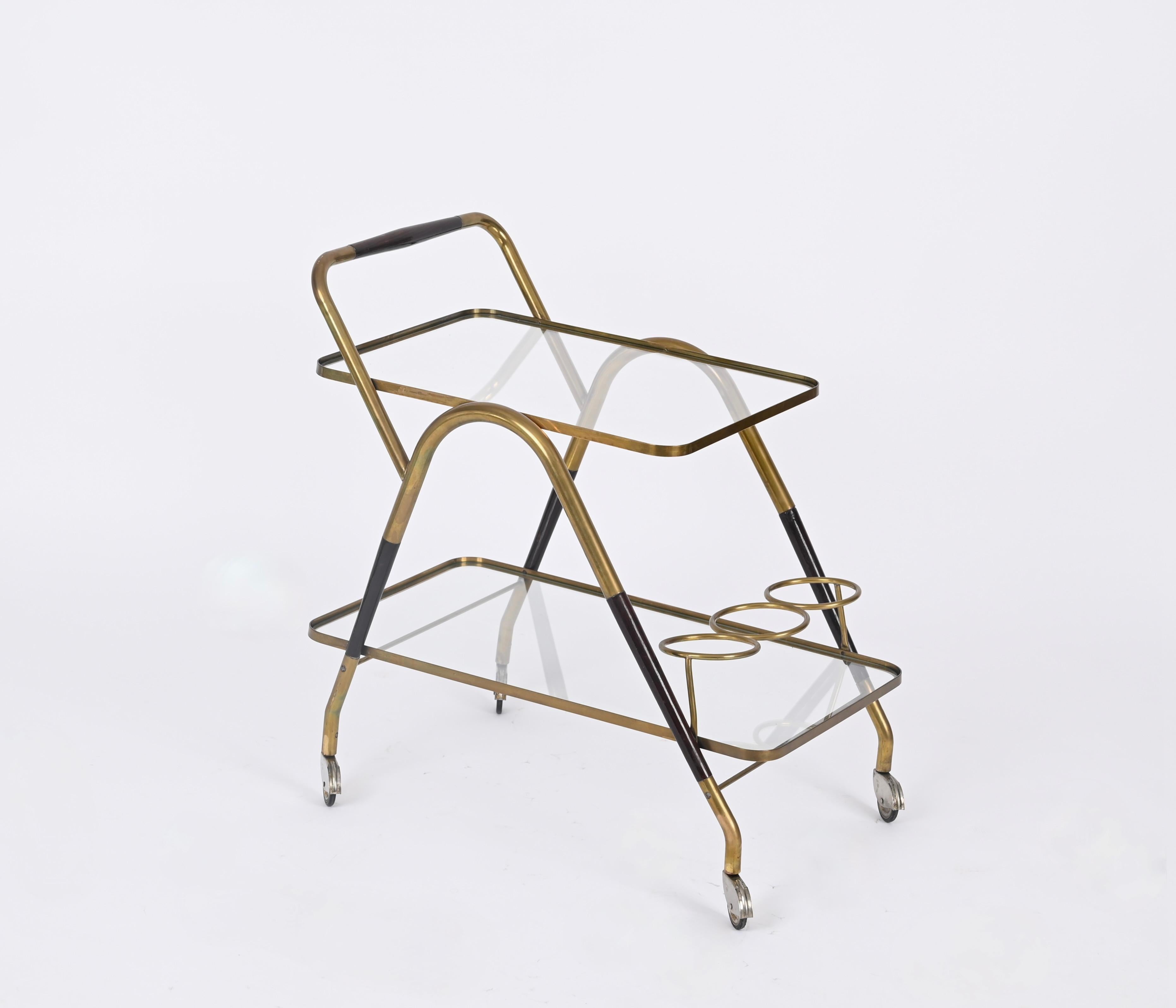 Hand-Crafted Midcentury Italian Bar Cart by Cesare Lacca Brass and Wood Serving Trolley, 1950 For Sale