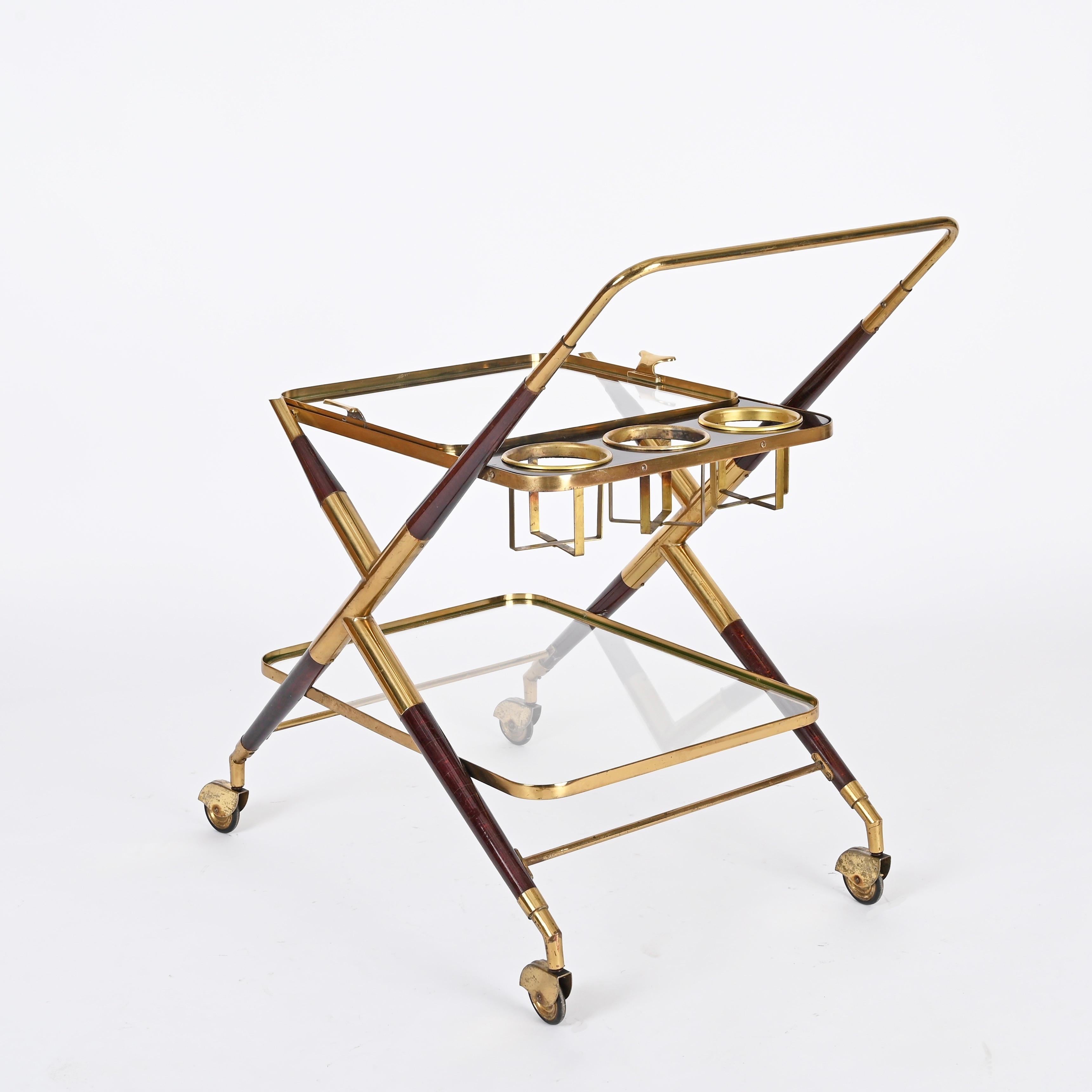 Chariot de service italien du milieu du siècle dernier par Cesare Lacca, en laiton et bois, 1950 Bon état - En vente à Roma, IT