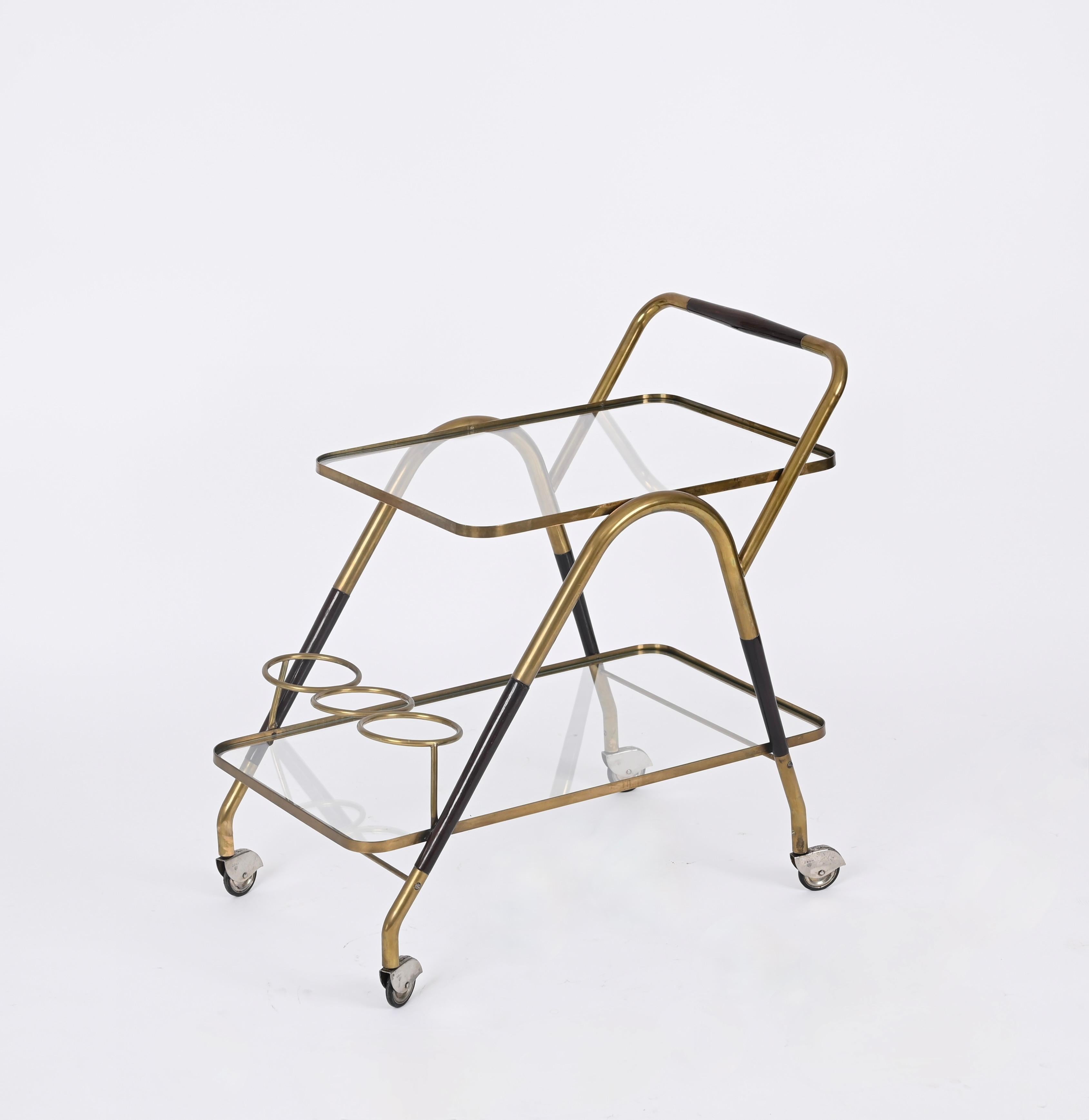 Mid-20th Century Midcentury Italian Bar Cart by Cesare Lacca Brass and Wood Serving Trolley, 1950 For Sale