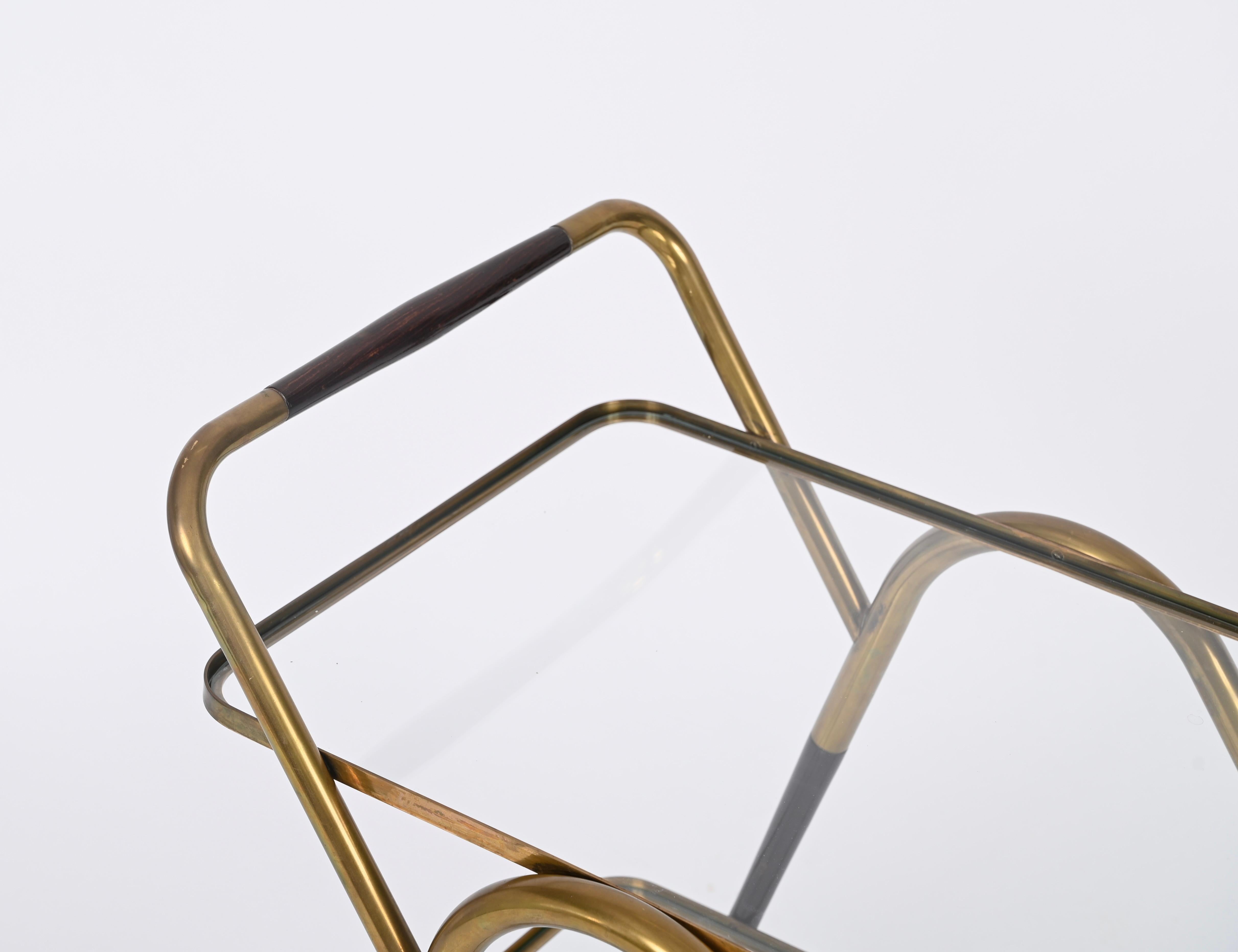 Crystal Midcentury Italian Bar Cart by Cesare Lacca Brass and Wood Serving Trolley, 1950 For Sale