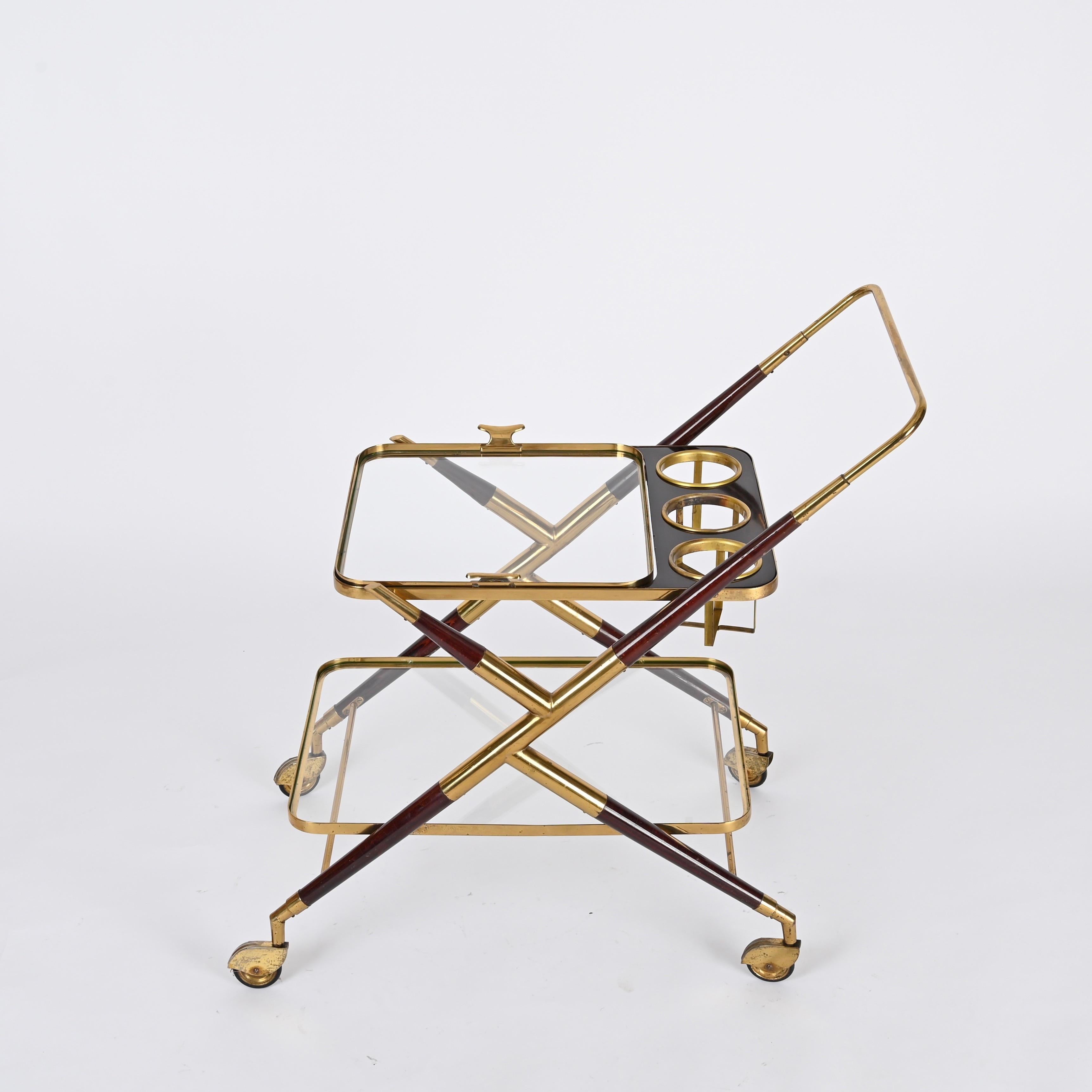 Laiton Chariot de service italien du milieu du siècle dernier par Cesare Lacca, en laiton et bois, 1950 en vente