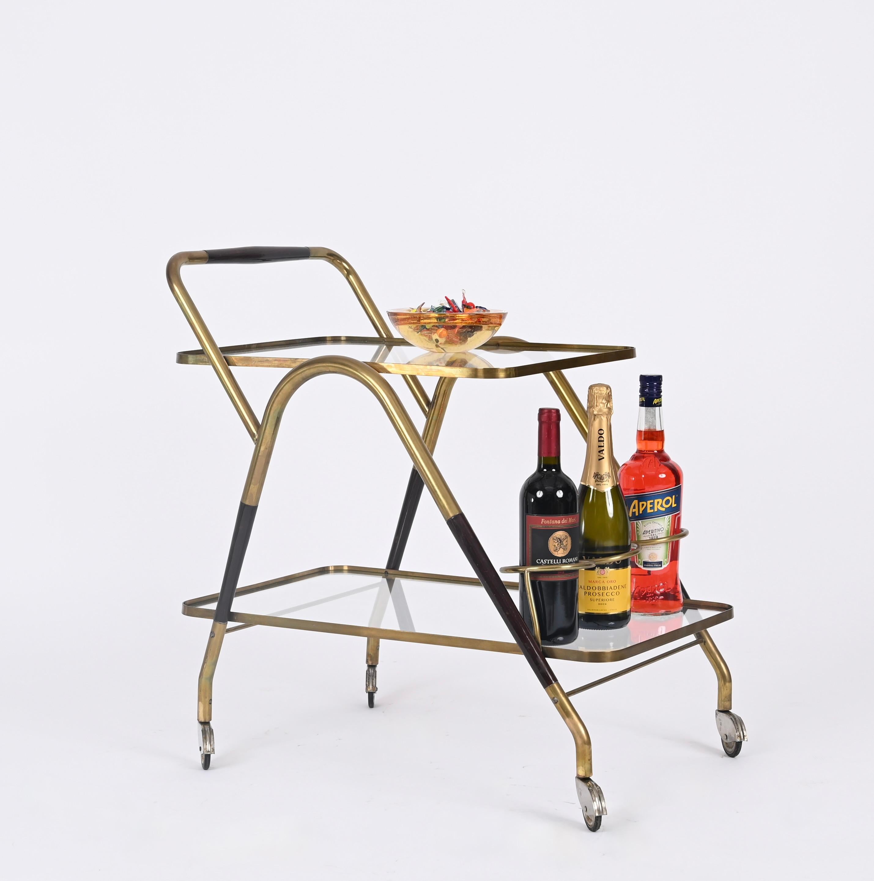 Midcentury Italian Bar Cart by Cesare Lacca Brass and Wood Serving Trolley, 1950 For Sale 1