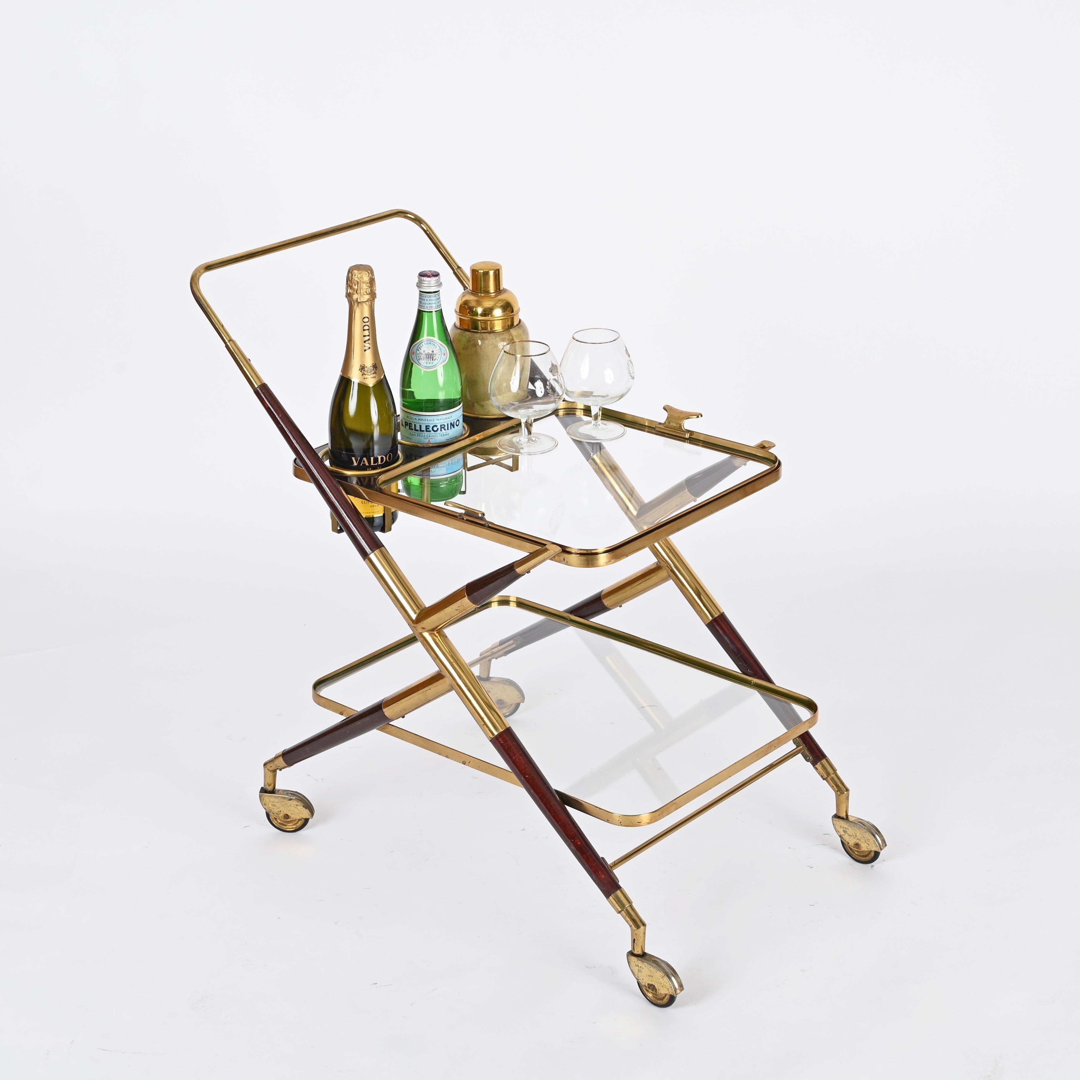 Chariot de service italien du milieu du siècle dernier par Cesare Lacca, en laiton et bois, 1950 en vente 1