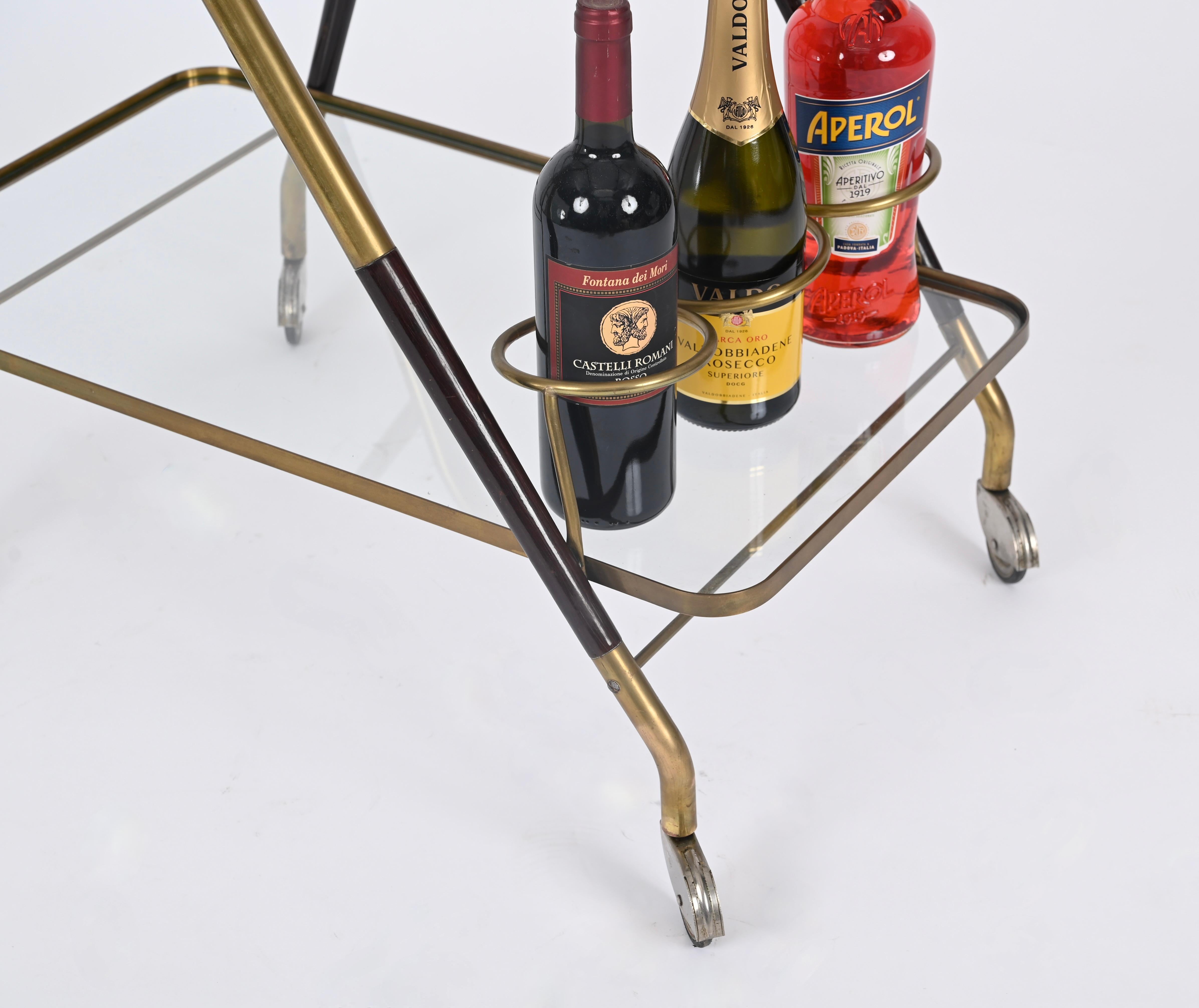 Midcentury Italian Bar Cart by Cesare Lacca Brass and Wood Serving Trolley, 1950 For Sale 2