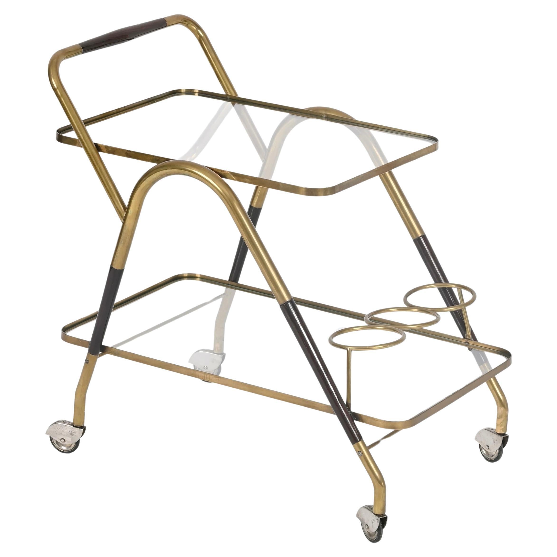 Midcentury Italian Bar Cart by Cesare Lacca Brass and Wood Serving Trolley, 1950 For Sale