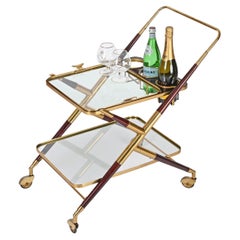 Midcentury Italian Bar Cart by Cesare Lacca Brass and Wood Serving Trolley, 1950