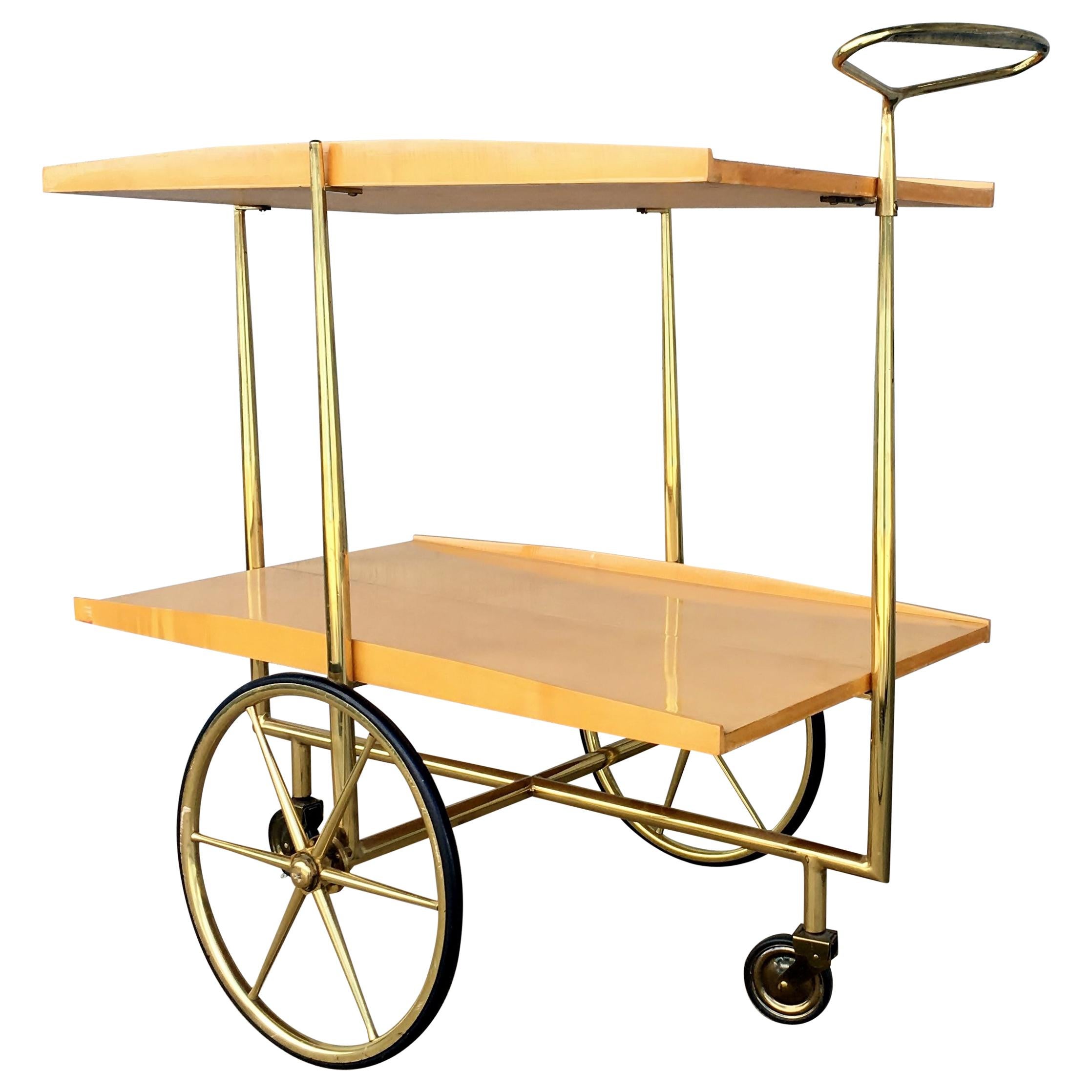 Midcentury Italian Bar Cart Cesare Lacca Style Trolley Lacquered Birch and Brass For Sale