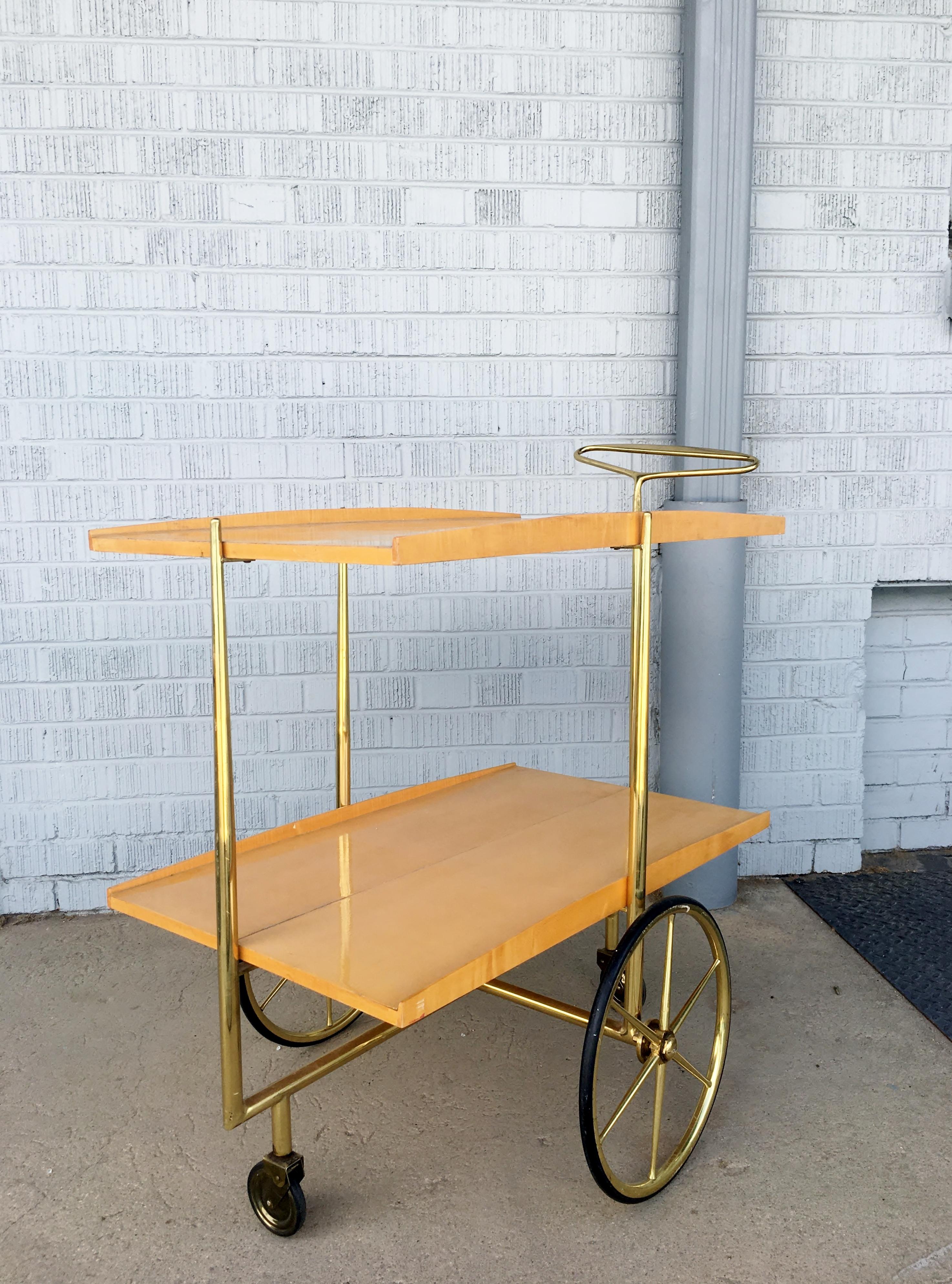 Midcentury Italian Bar Cart Cesare Lacca Style Trolley Lacquered Birch and Brass For Sale 5