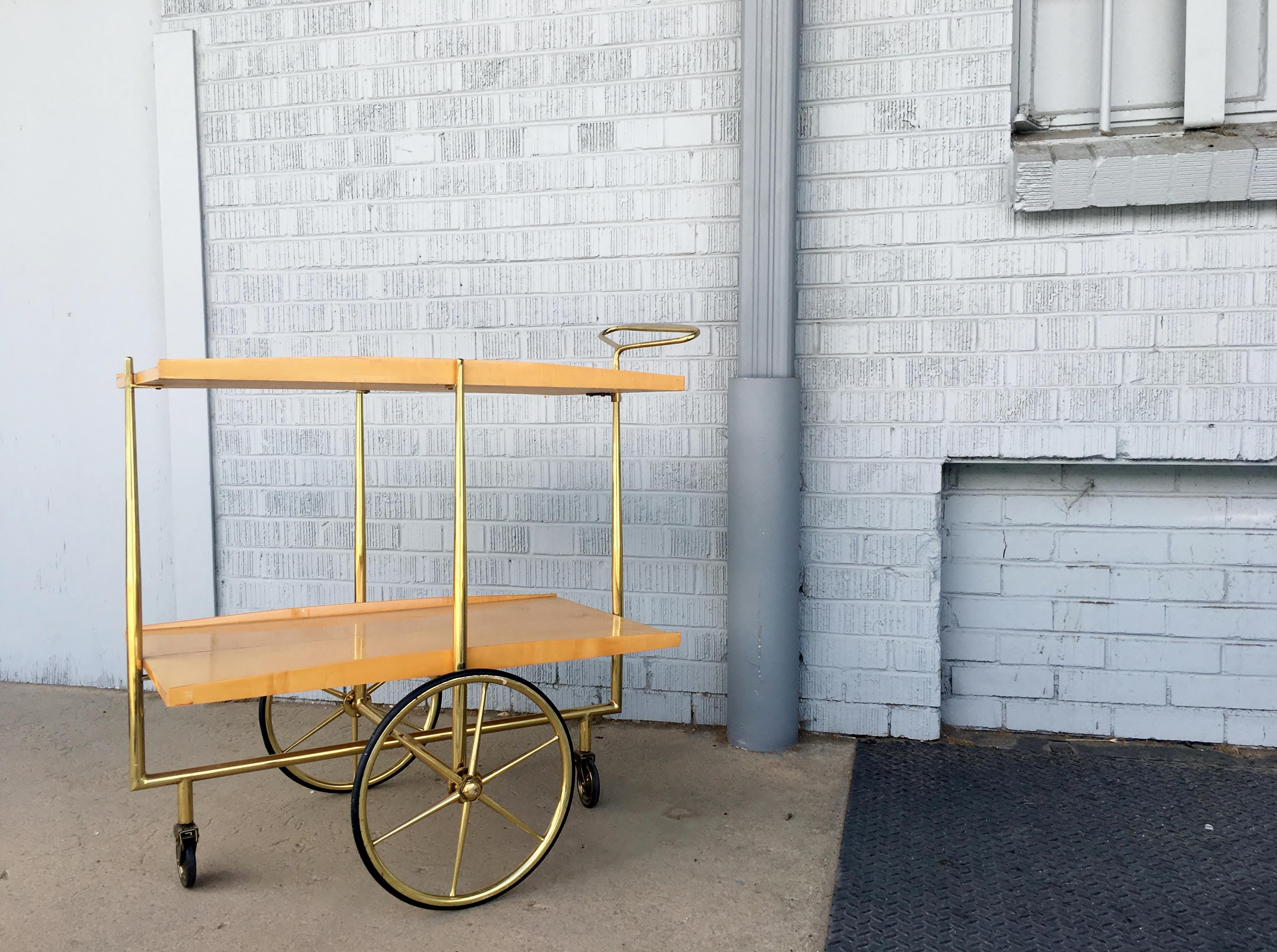 Midcentury Italian Bar Cart Cesare Lacca Style Trolley Lacquered Birch and Brass For Sale 6
