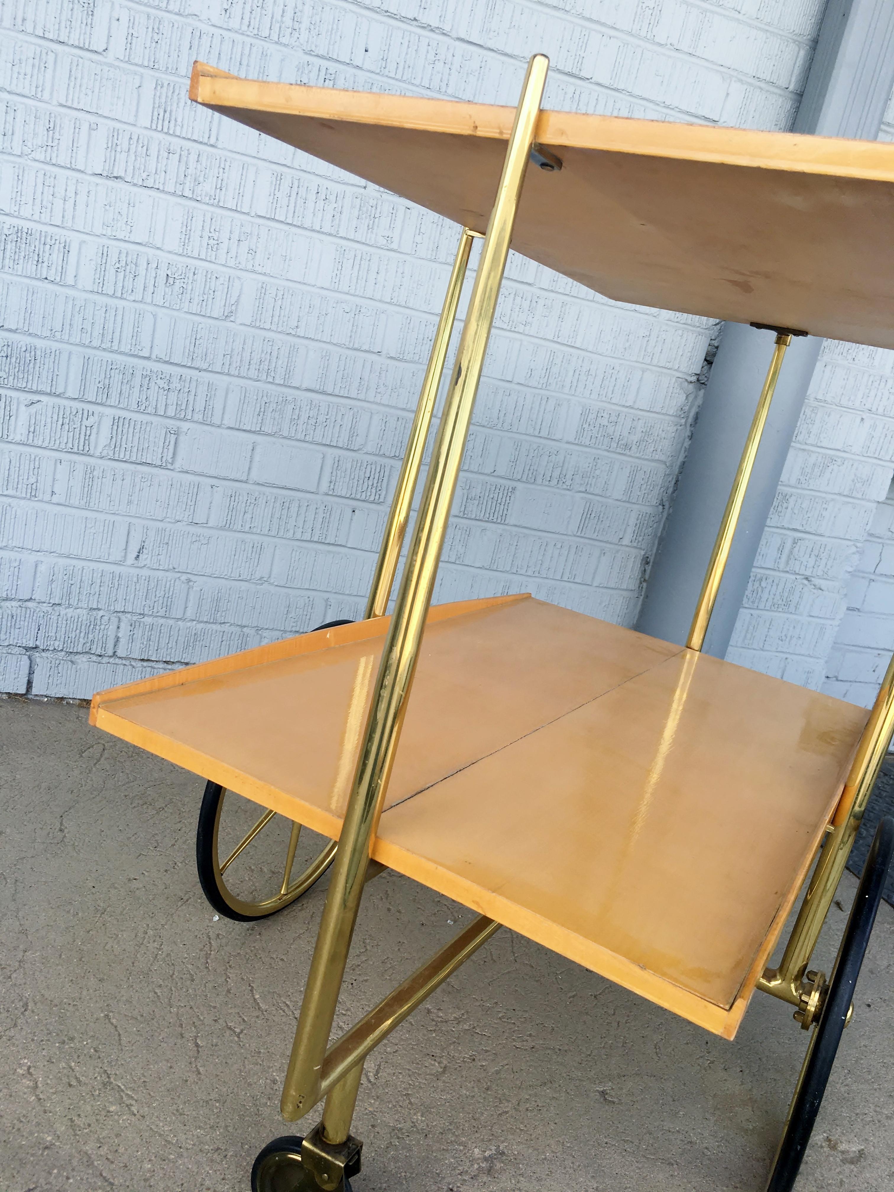 Midcentury Italian Bar Cart Cesare Lacca Style Trolley Lacquered Birch and Brass For Sale 8