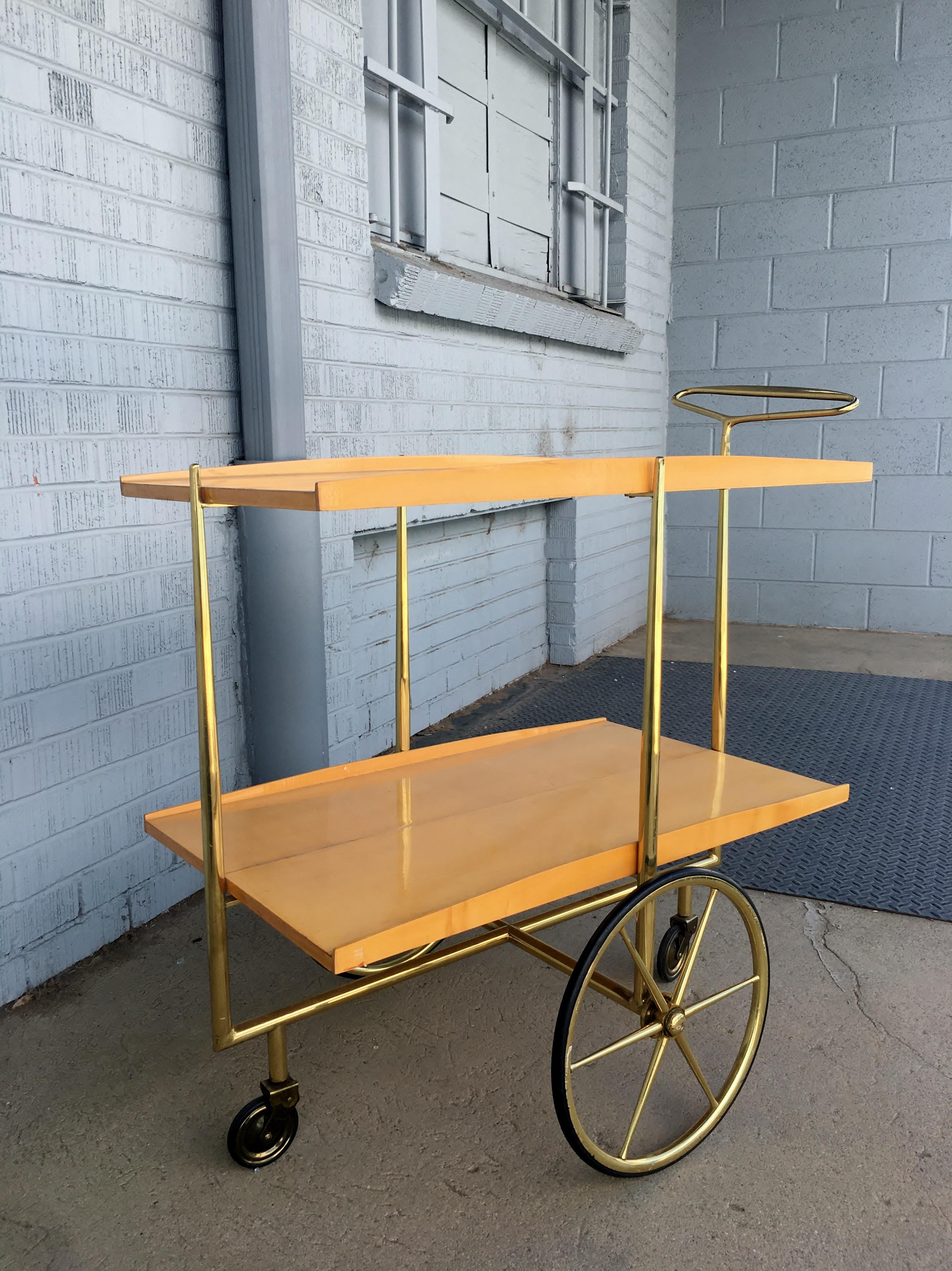 Mid-Century Modern Midcentury Italian Bar Cart Cesare Lacca Style Trolley Lacquered Birch and Brass For Sale