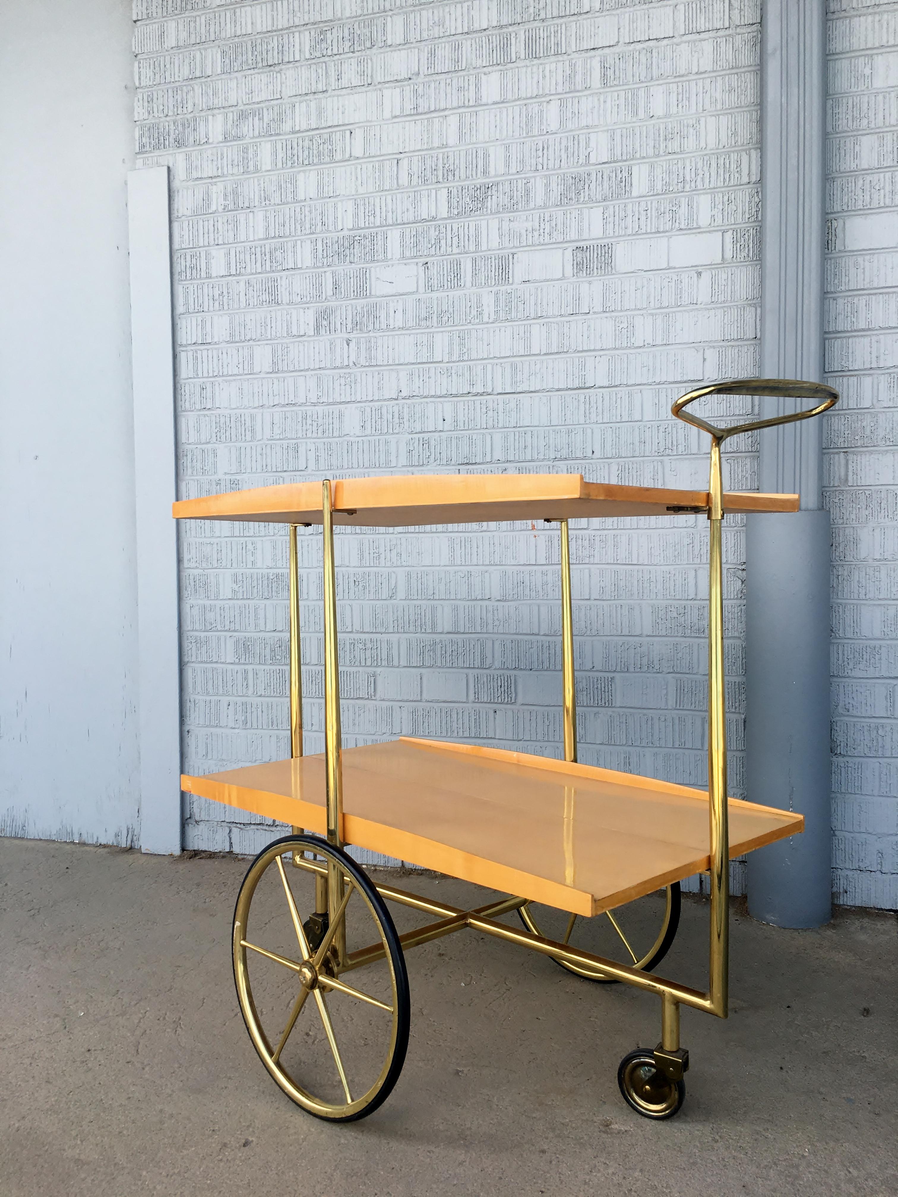 Midcentury Italian Bar Cart Cesare Lacca Style Trolley Lacquered Birch and Brass In Good Condition For Sale In Denver, CO