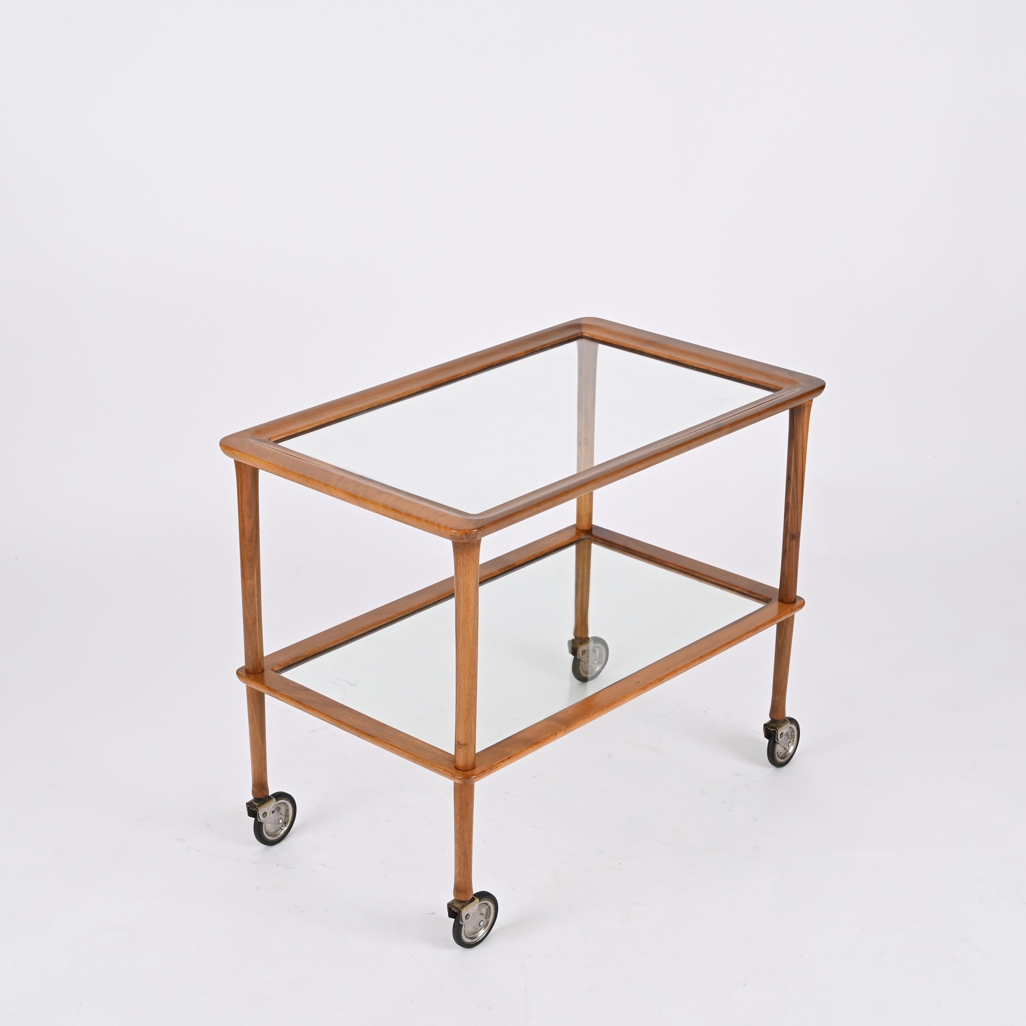 20th Century Midcentury Italian Bar Cart in Walnut and Glass, Cesare Lacca, Italy, 1960s For Sale