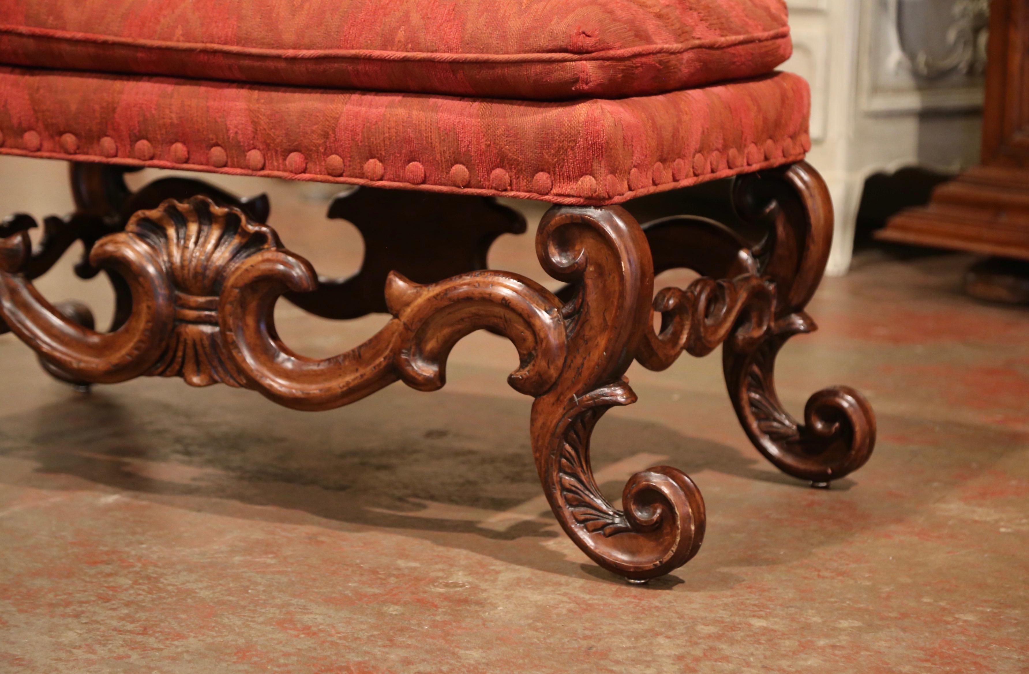 Hand-Carved Midcentury Italian Baroque Carved Walnut Ottoman Bench with Red Velvet Uphostery