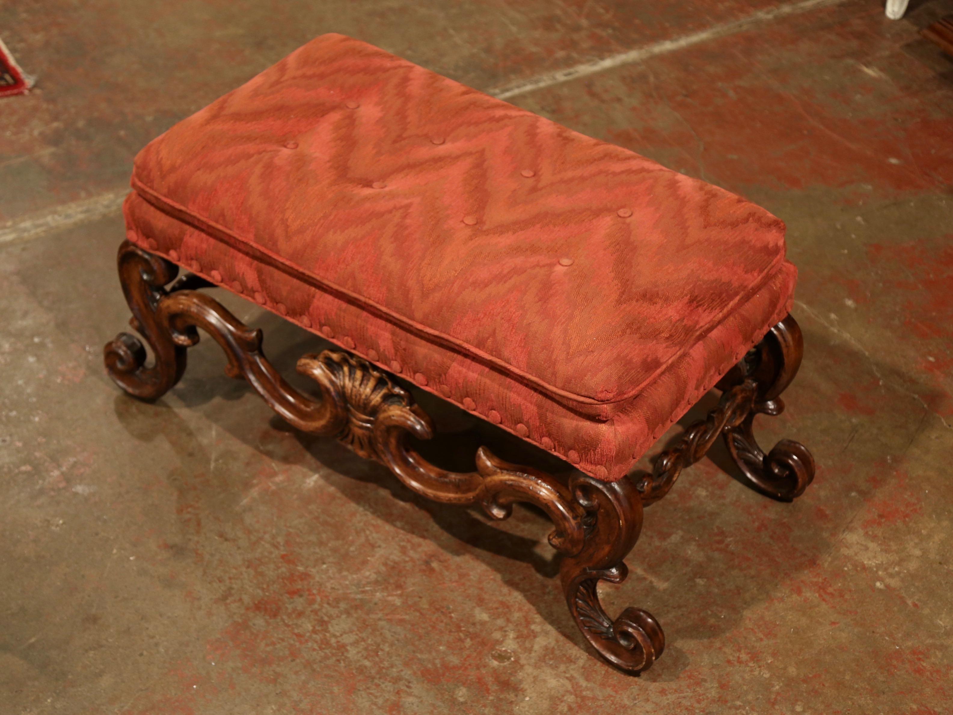 20th Century Midcentury Italian Baroque Carved Walnut Ottoman Bench with Red Velvet Uphostery