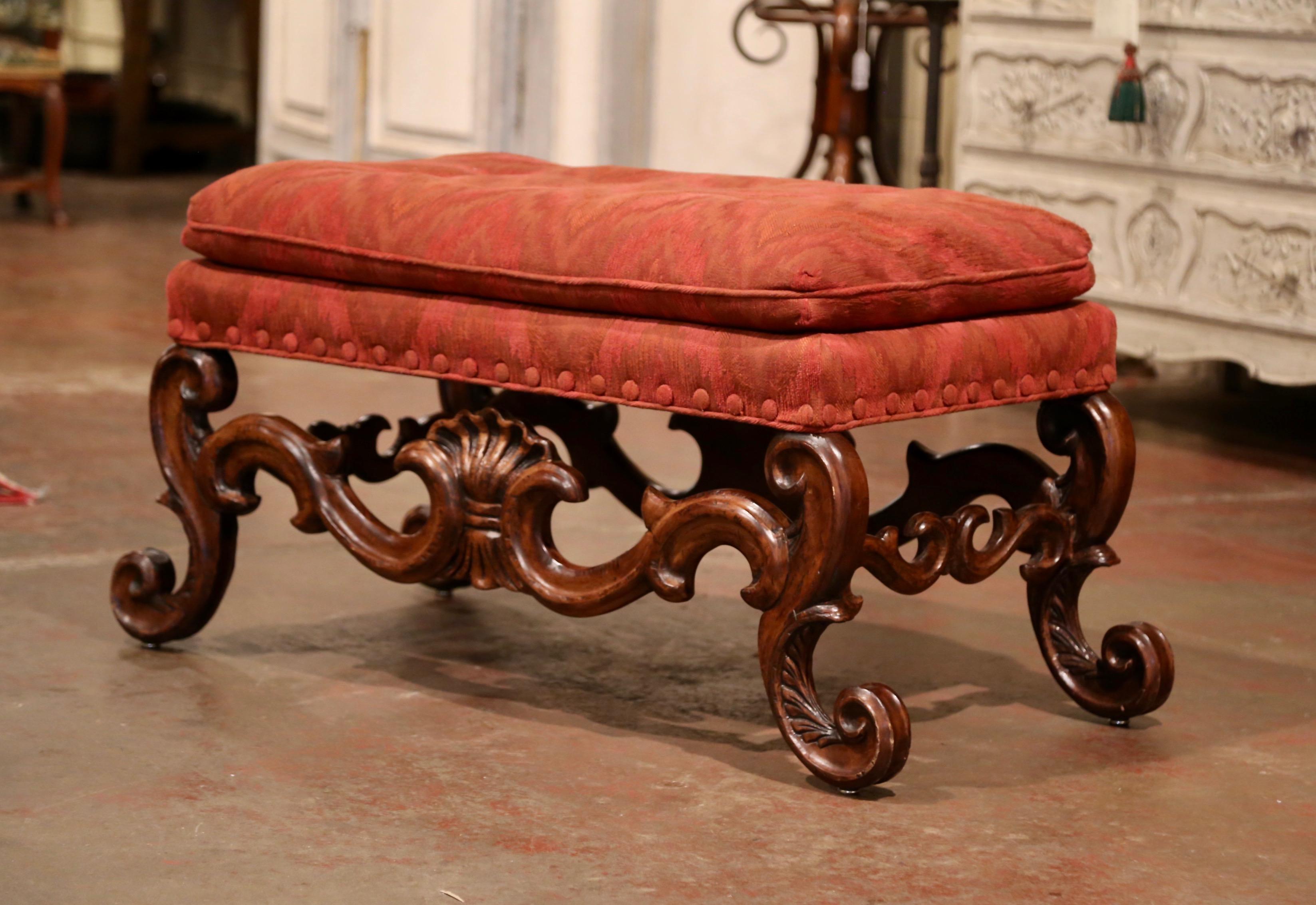 Fabric Midcentury Italian Baroque Carved Walnut Ottoman Bench with Red Velvet Uphostery