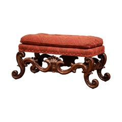 Midcentury Italian Baroque Carved Walnut Ottoman Bench with Red Velvet Uphostery
