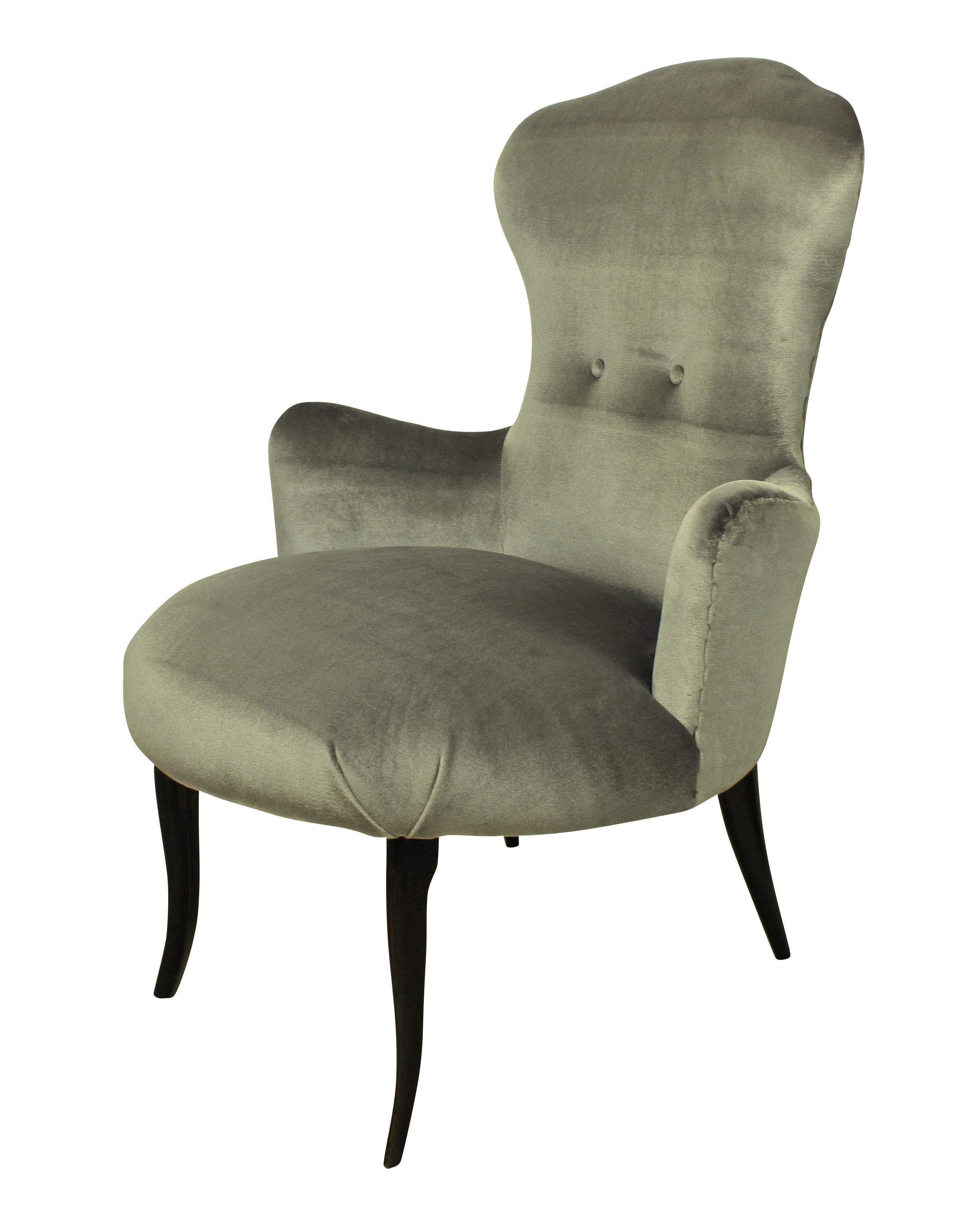 A pair of Italian bedroom chairs of elegant proportions, with cabriole legs and newly upholstered in silver velvet.