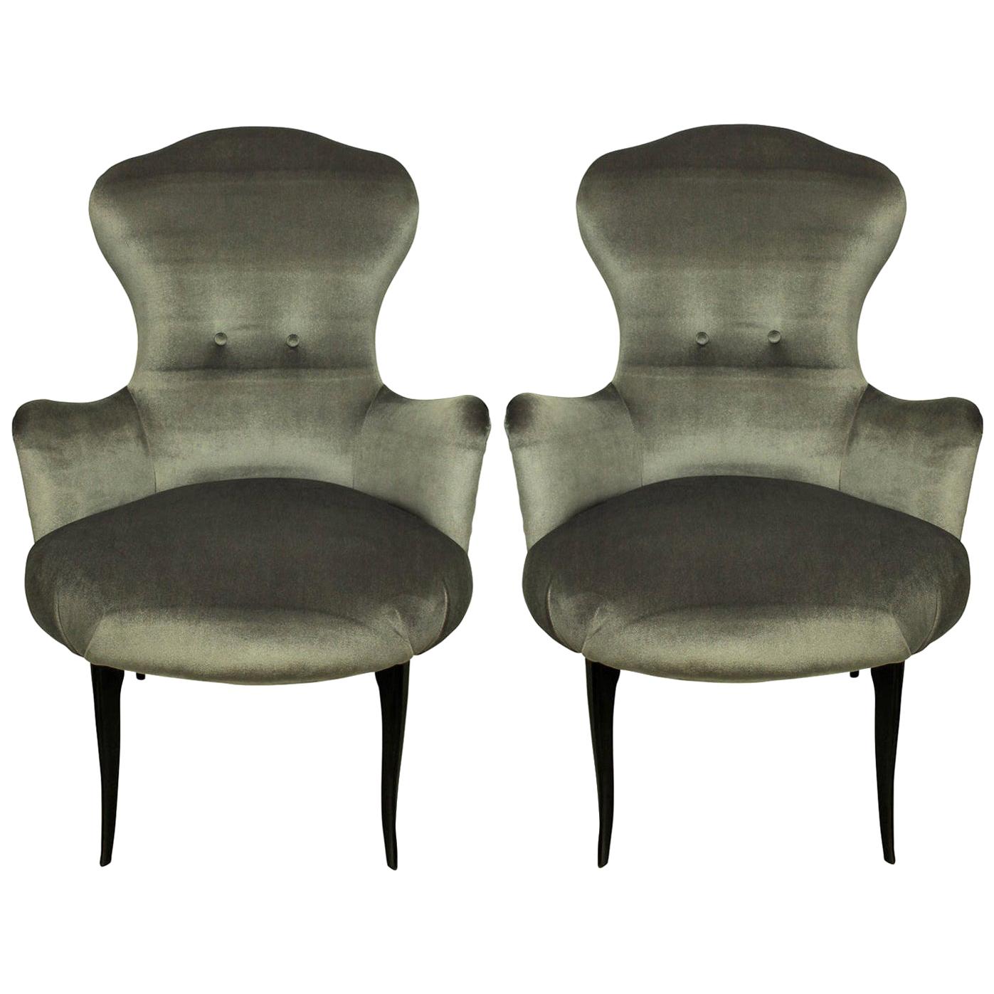 Midcentury Italian Bedroom Chairs in Silver Velvet