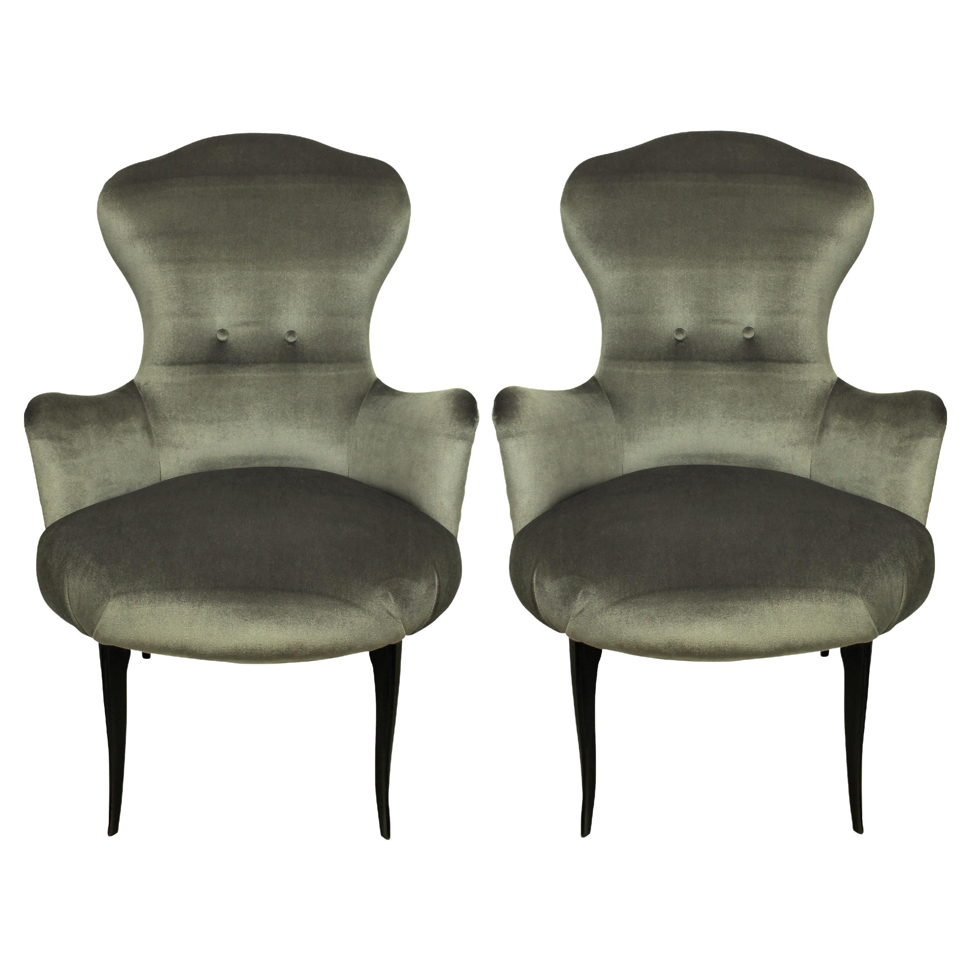 Midcentury Italian Bedroom Chairs in Silver Velvet