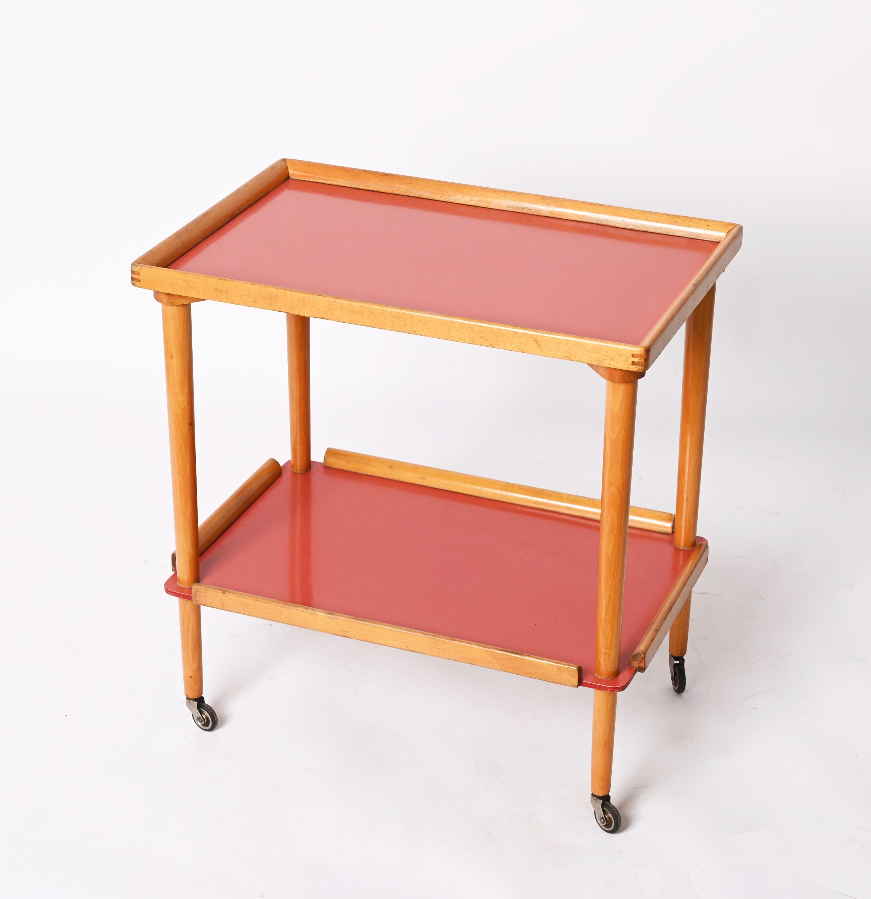 Midcentury Italian Beech Wood and Formica Red Two Tiered Bar Cart, 1960s For Sale 4