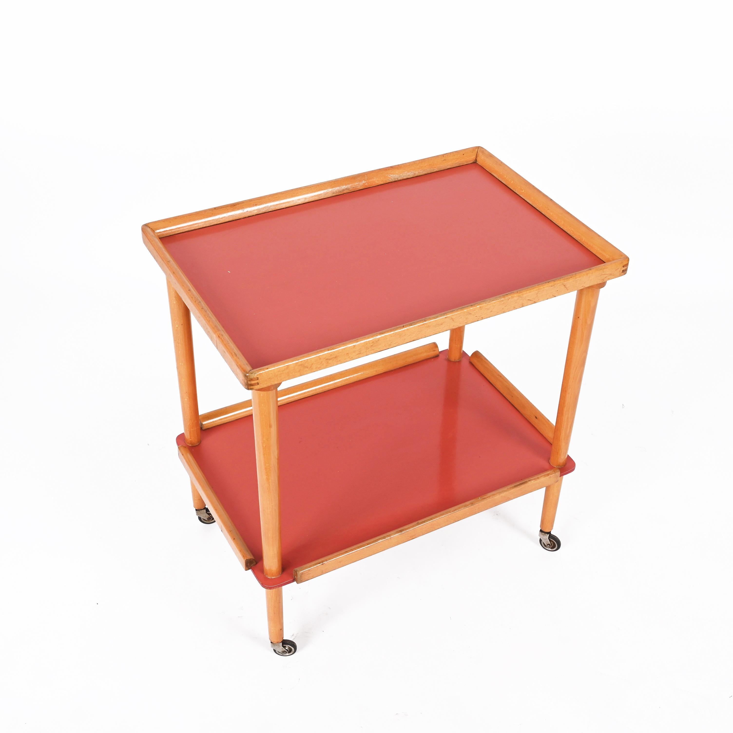 Midcentury Italian Beech Wood and Formica Red Two Tiered Bar Cart, 1960s For Sale 6