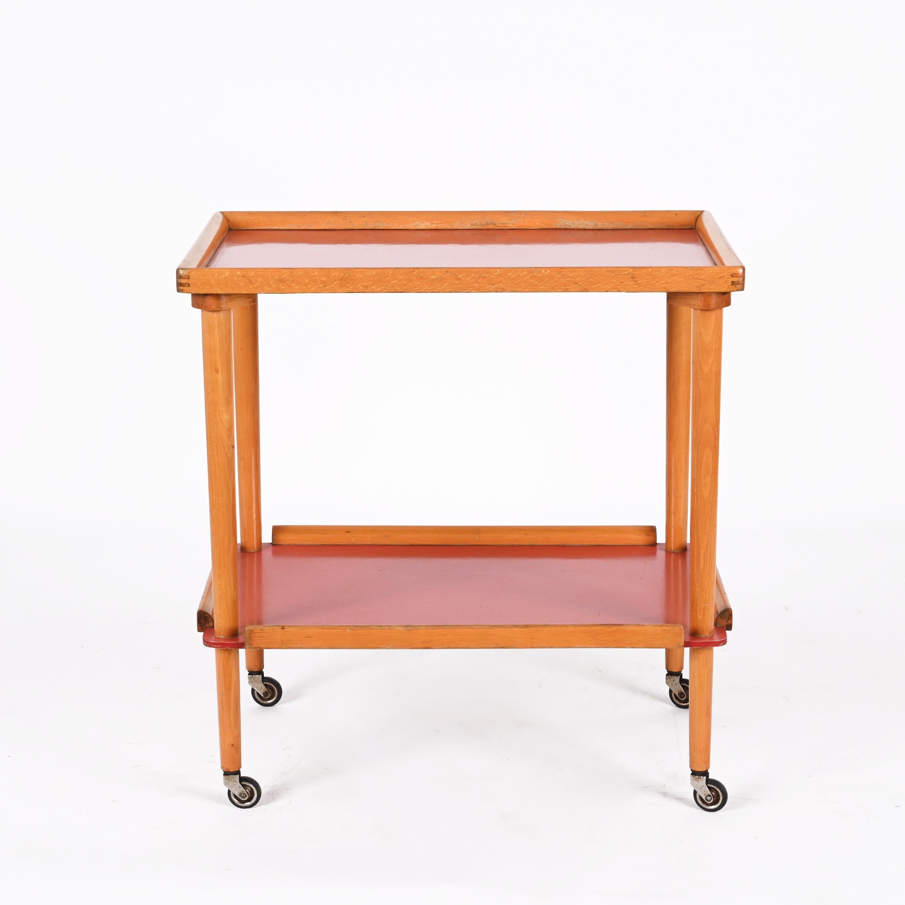 Midcentury Italian Beech Wood and Formica Red Two Tiered Bar Cart, 1960s For Sale 7
