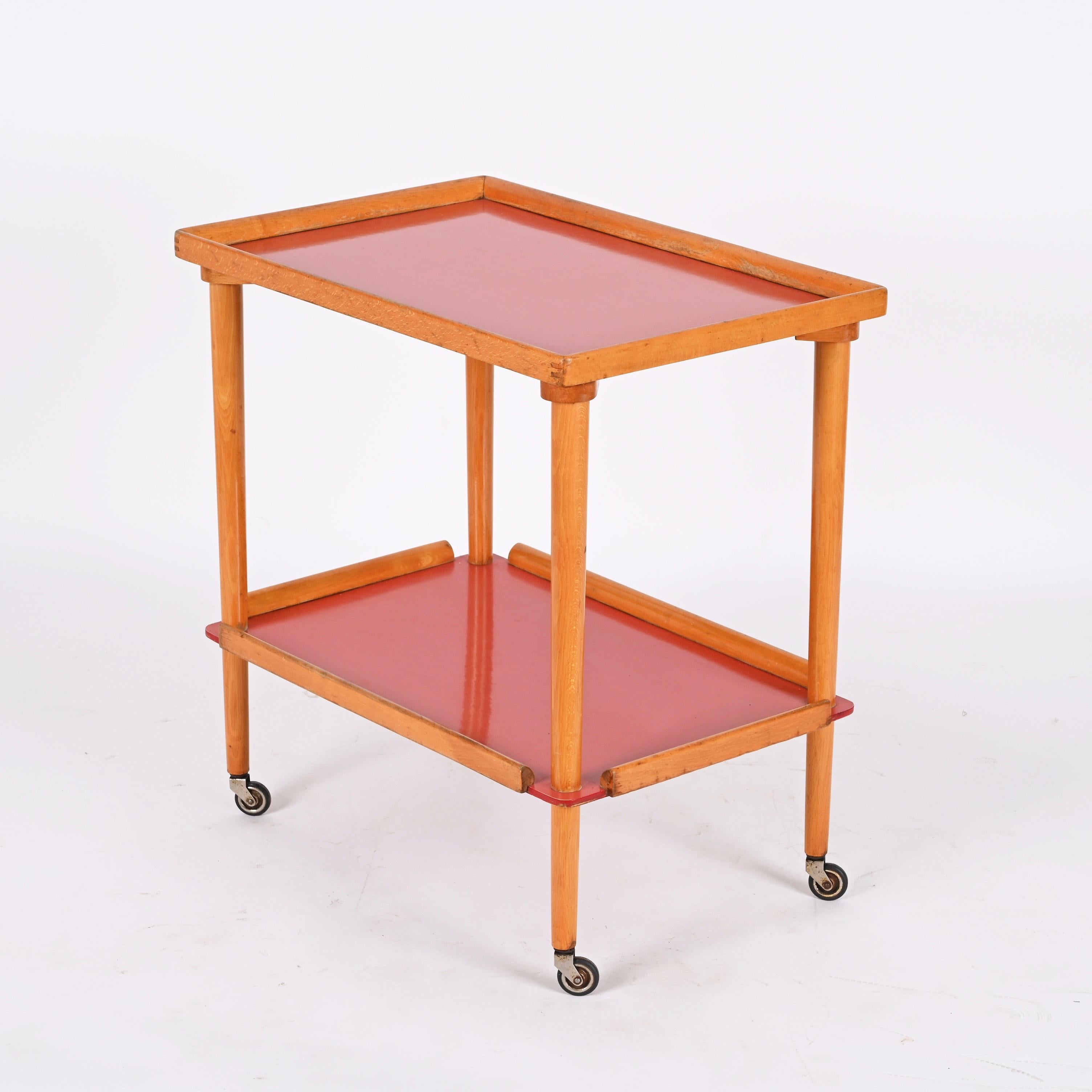 Midcentury Italian Beech Wood and Formica Red Two Tiered Bar Cart, 1960s For Sale 8