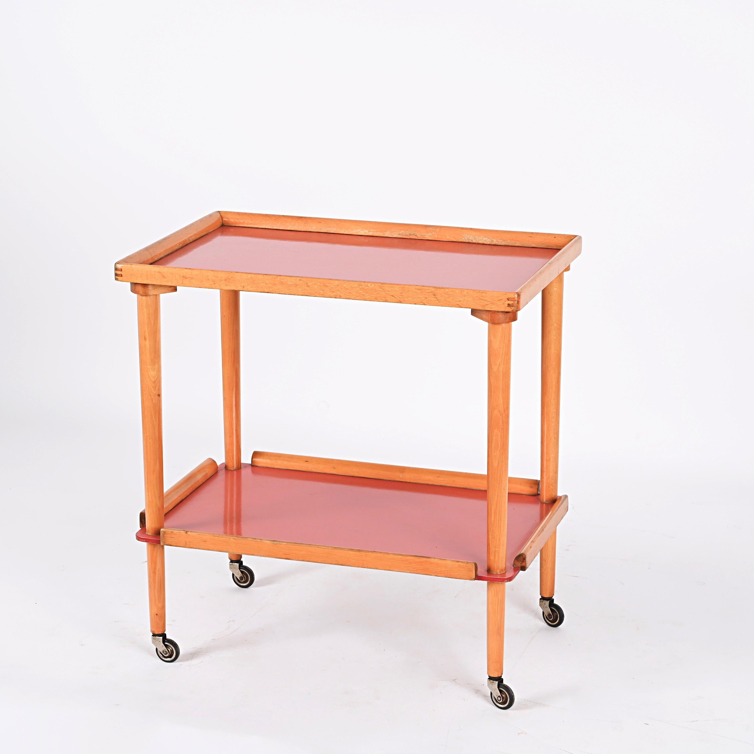 Midcentury Italian Beech Wood and Formica Red Two Tiered Bar Cart, 1960s For Sale 10