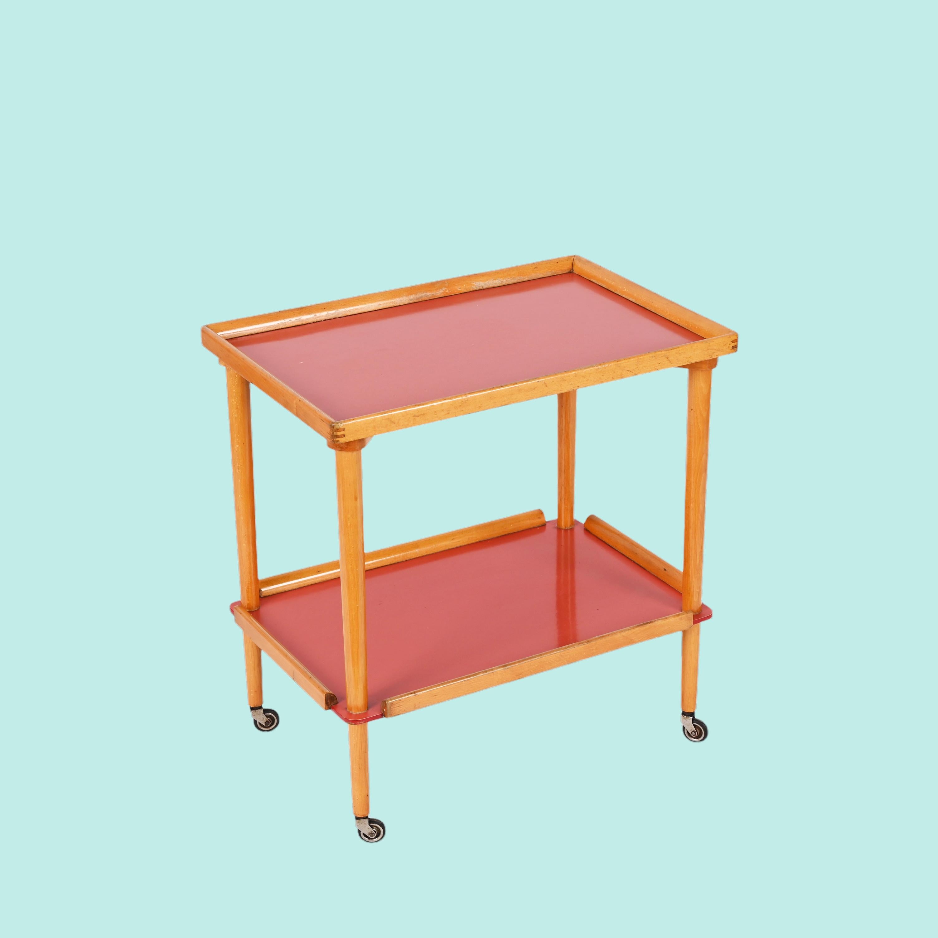 Mid-Century Modern Midcentury Italian Beech Wood and Formica Red Two Tiered Bar Cart, 1960s For Sale