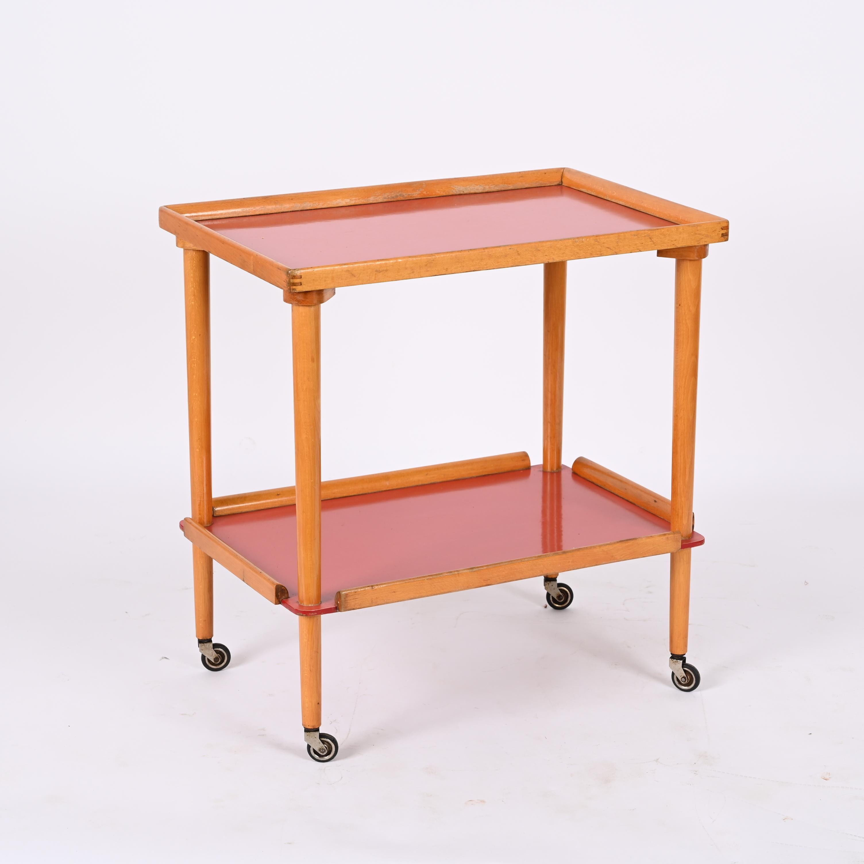 Mid-20th Century Midcentury Italian Beech Wood and Formica Red Two Tiered Bar Cart, 1960s For Sale