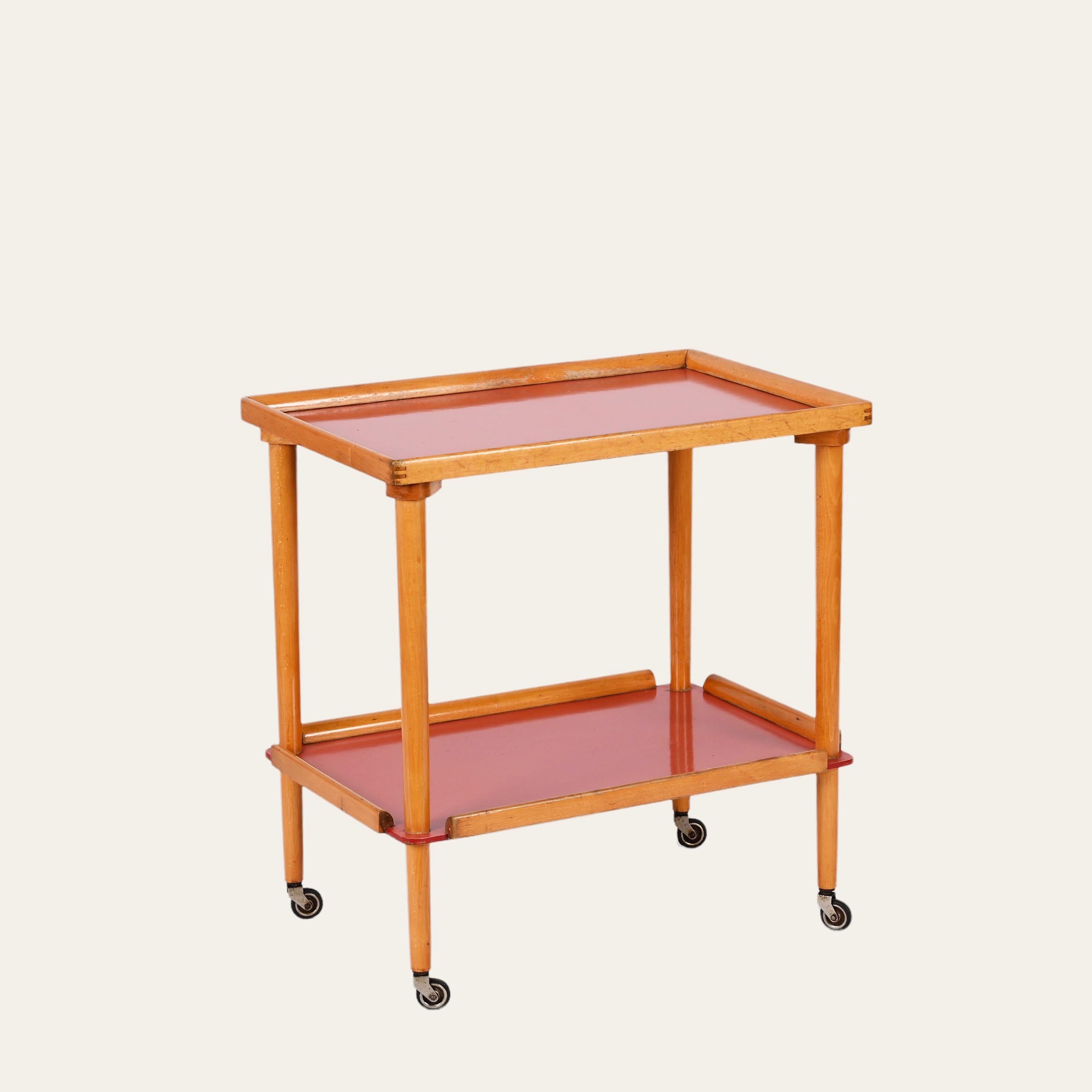 Metal Midcentury Italian Beech Wood and Formica Red Two Tiered Bar Cart, 1960s For Sale