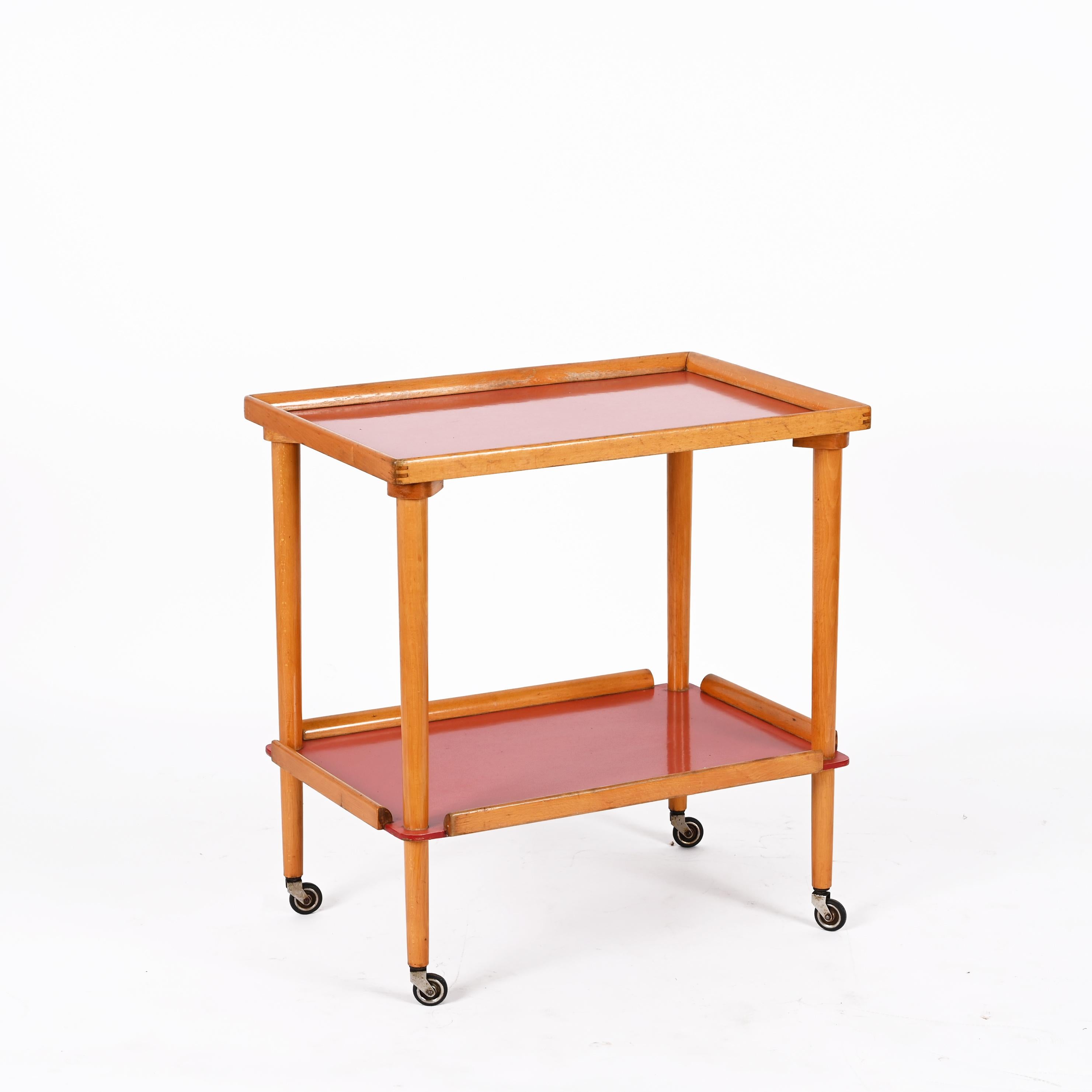 Midcentury Italian Beech Wood and Formica Red Two Tiered Bar Cart, 1960s For Sale 1