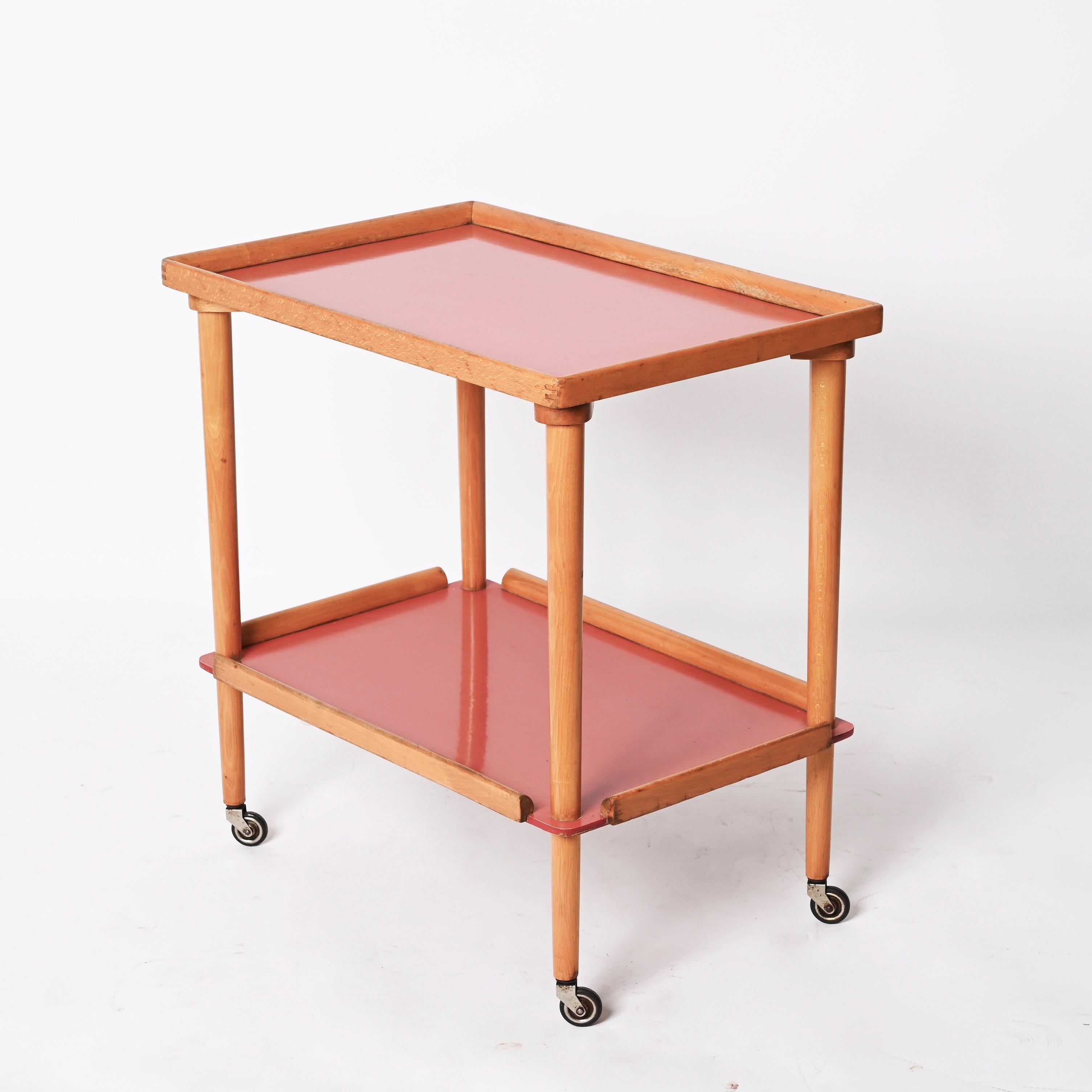 Midcentury Italian Beech Wood and Formica Red Two Tiered Bar Cart, 1960s For Sale 2