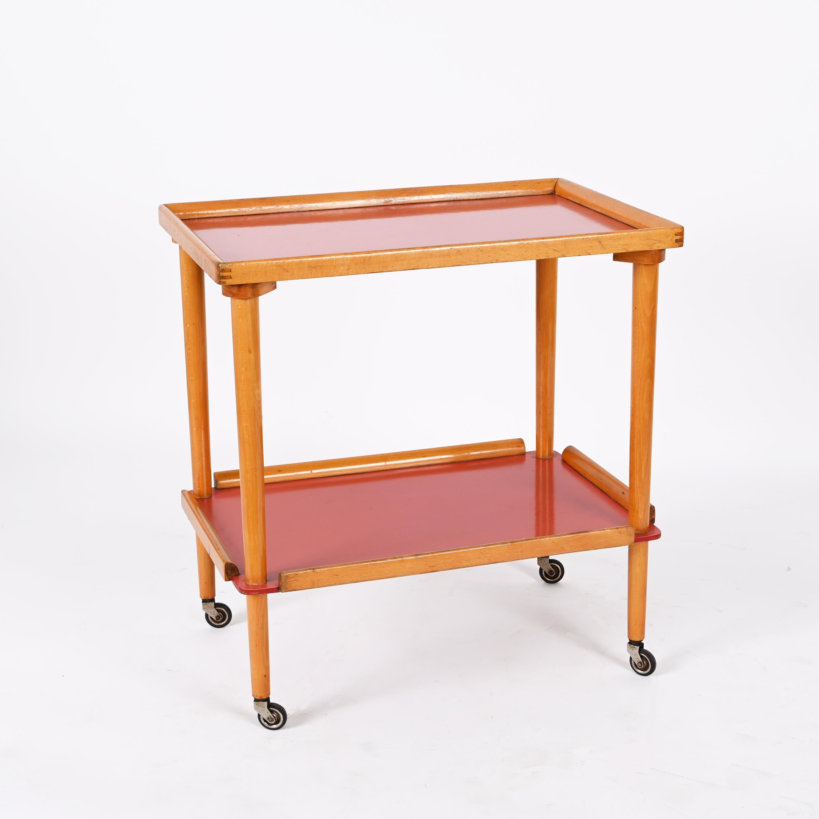 Midcentury Italian Beech Wood and Formica Red Two Tiered Bar Cart, 1960s For Sale 3