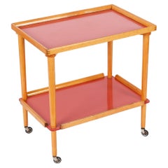 Carrito de bar de dos niveles de madera de haya y fórmica roja italiana de mediados de siglo, años 60