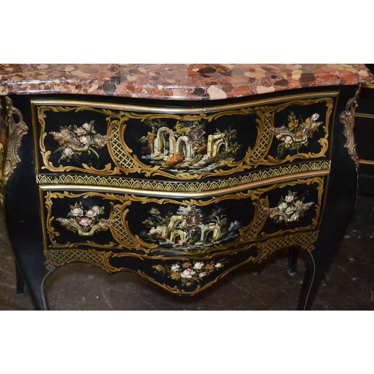 Fabulous chinoiserie commode with a stunning rouge marble top.
Black lacquered, circa 1950. Made in Italy.
Measures: 32 inches wide x 29 inches height x 16 inches deep.