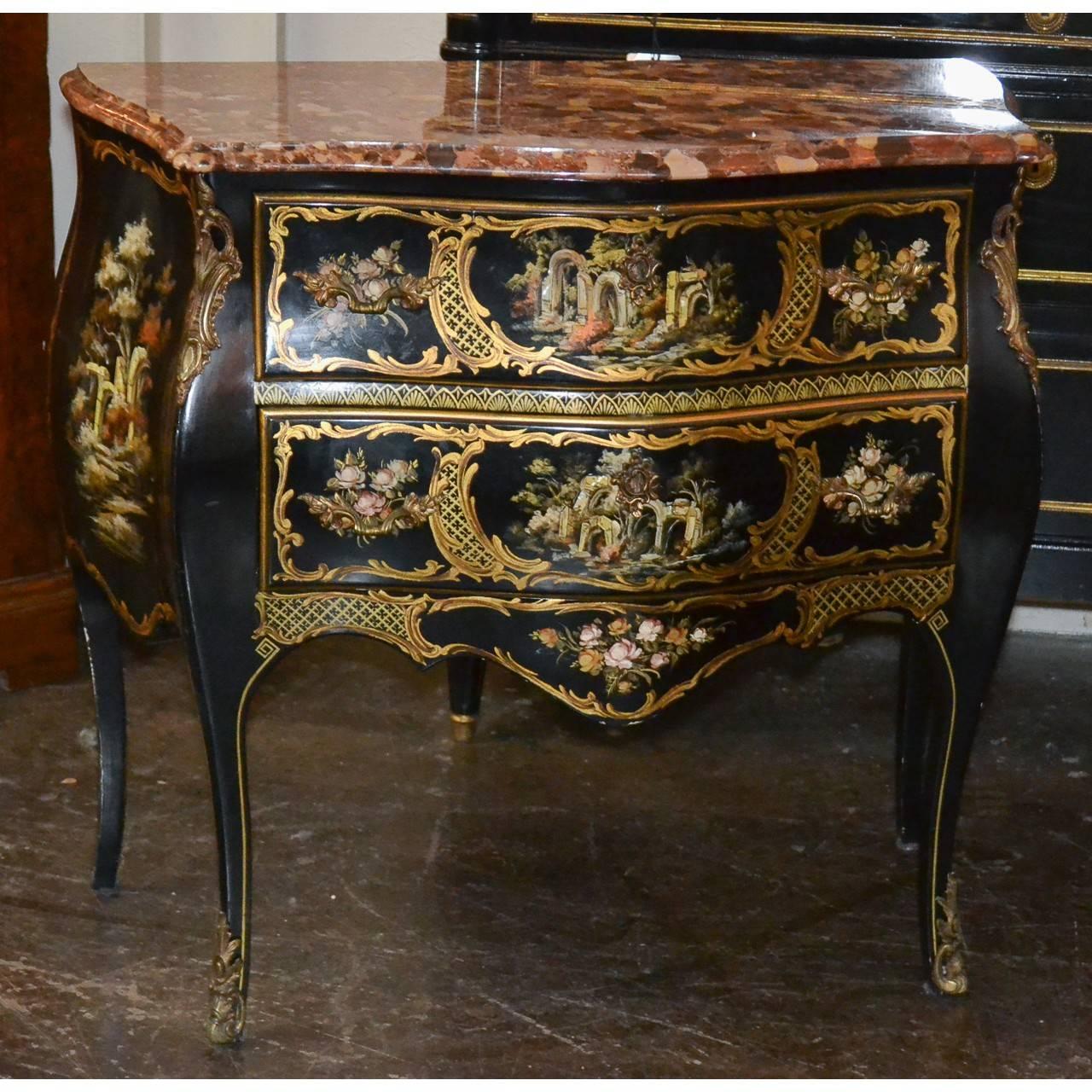 Midcentury Italian Black Lacquered Chinoiserie Commode In Good Condition In Dallas, TX
